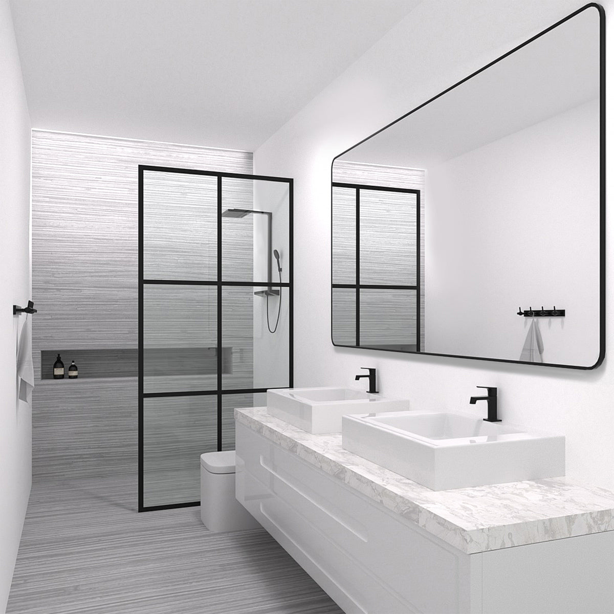Tydex 34 in. W x 72 in. H Fixed Framed Shower Door in Matte Black Finish