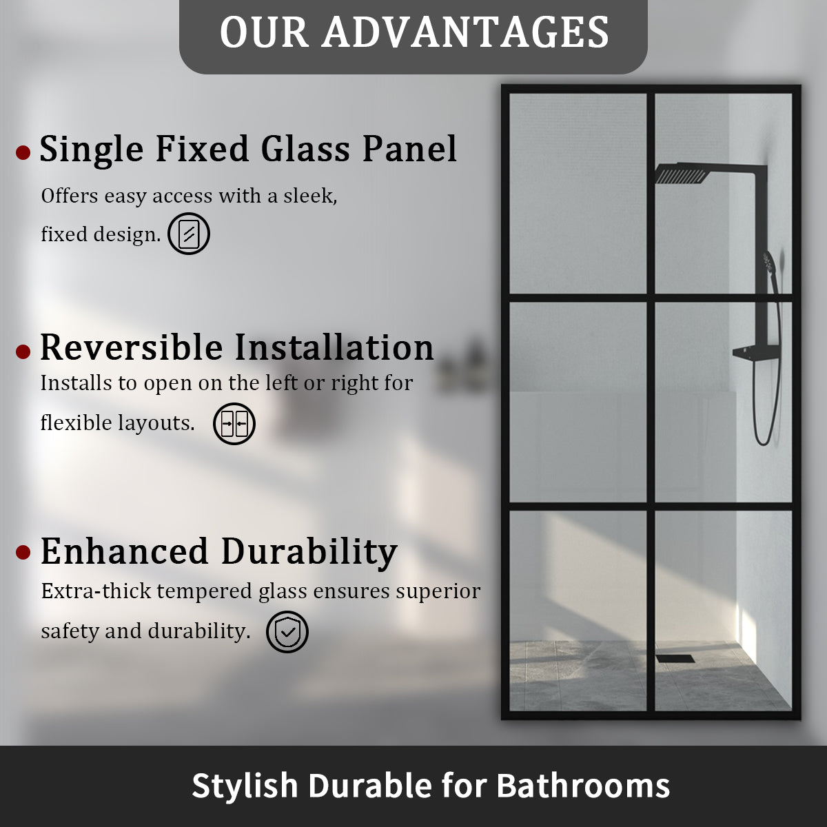 Tydex 34 in. W x 72 in. H Fixed Framed Shower Door in Matte Black Finish