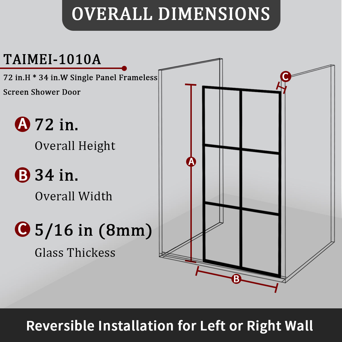 Tydex 34 in. W x 72 in. H Fixed Framed Shower Door in Matte Black Finish