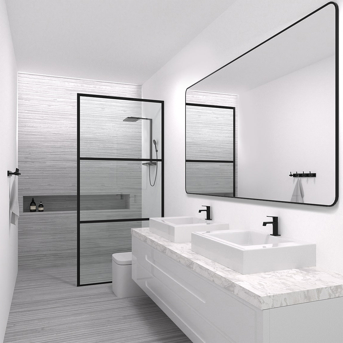 34 in. W x 72 in. H Fixed Framed Shower Door in Matte Black Finish with Patterned Glass