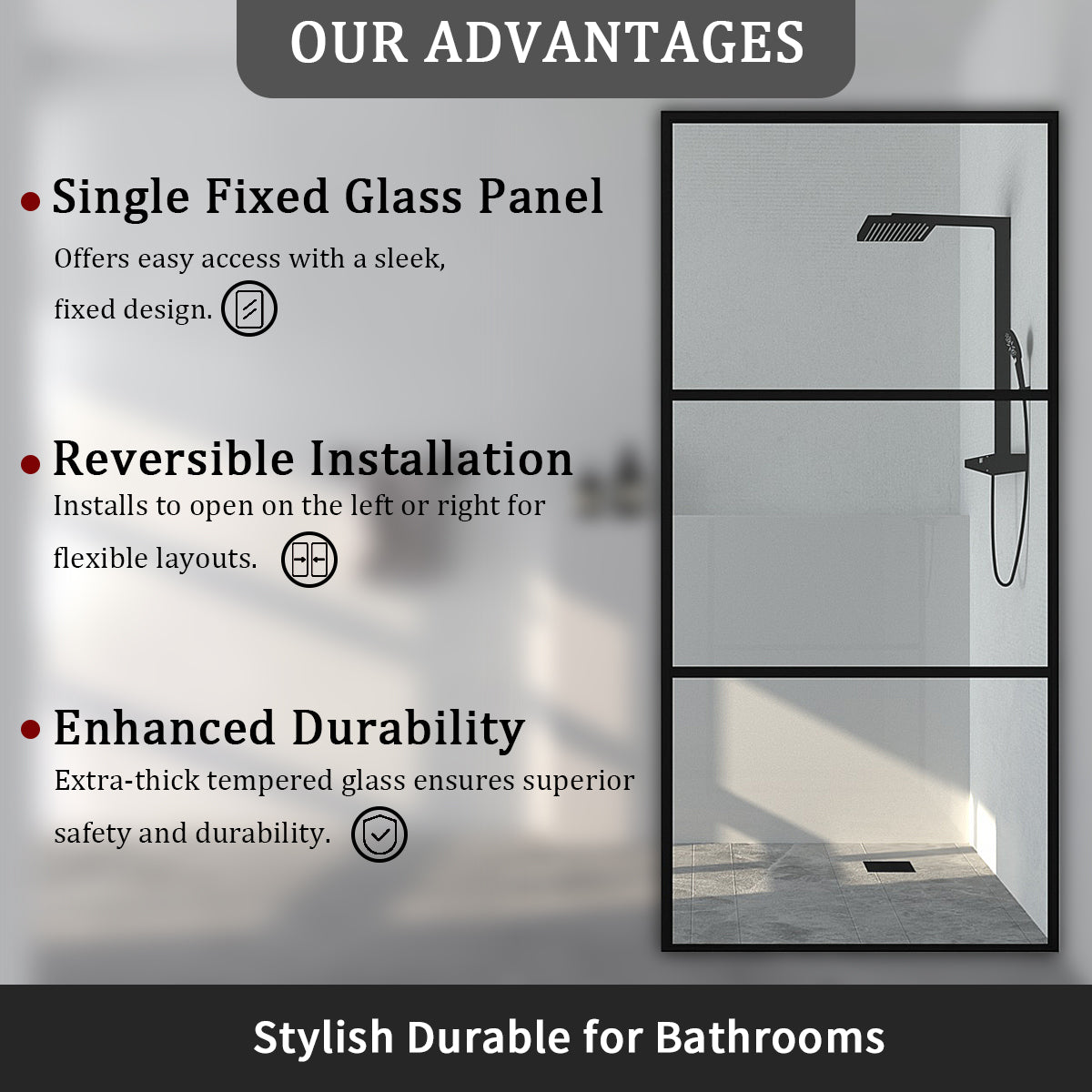 Tydex 34 in. W x 72 in. H Fixed Framed Shower Door in Matte Black Finish