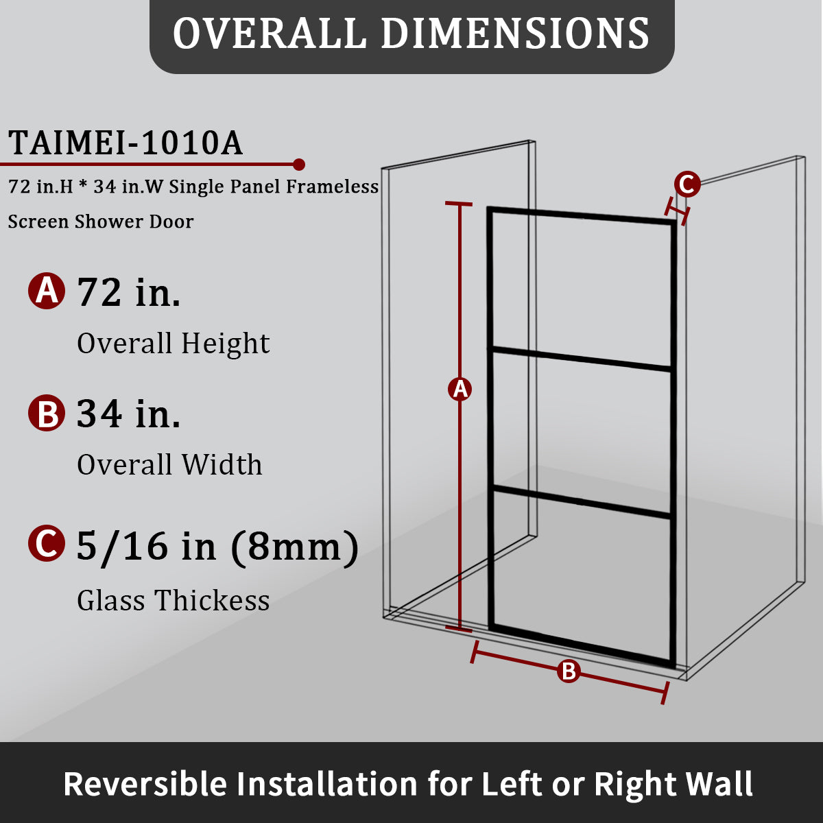 Tydex 34 in. W x 72 in. H Fixed Framed Shower Door in Matte Black Finish