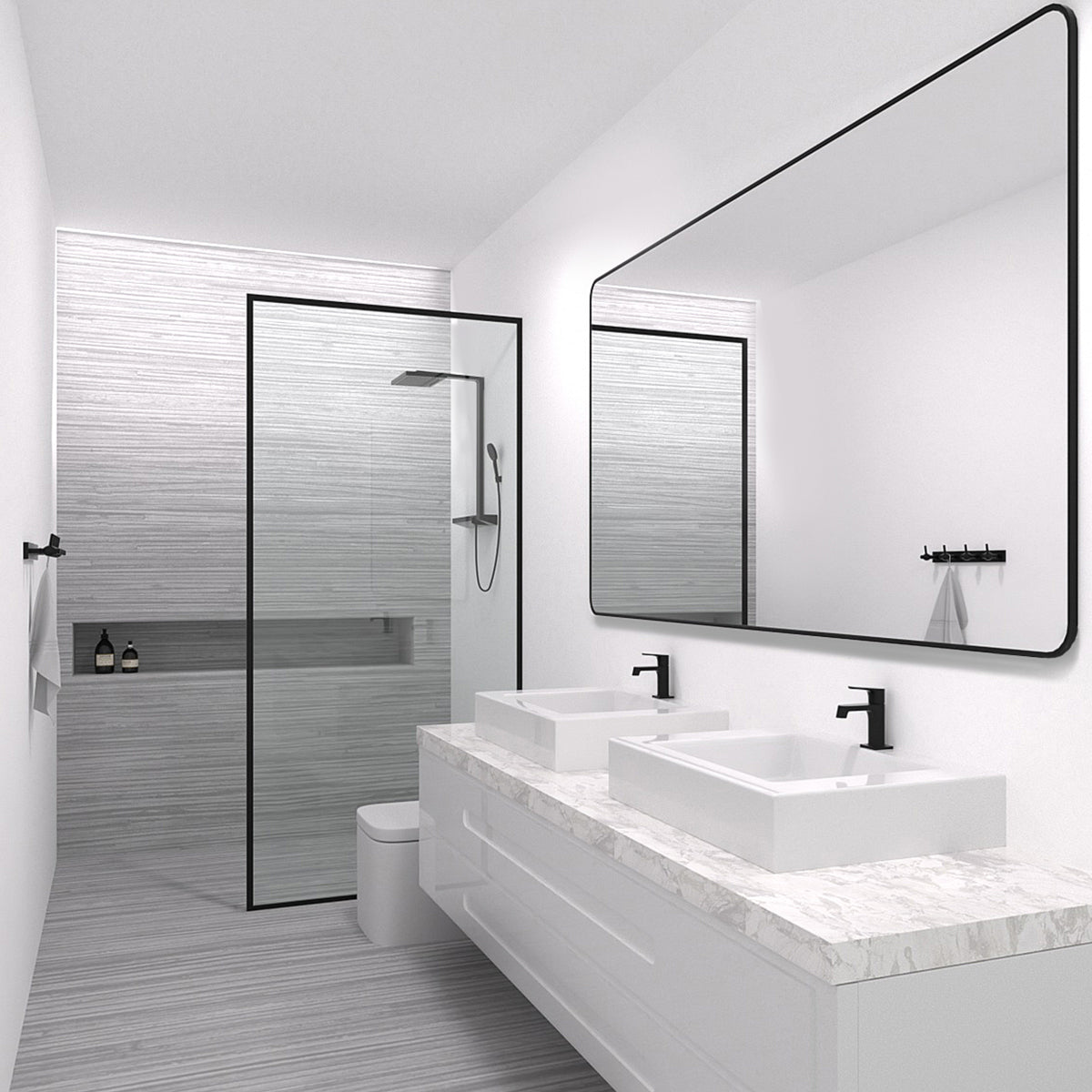 34 in. W x 72 in. H Fixed Framed Shower Door in Matte Black Finish with Patterned Glass