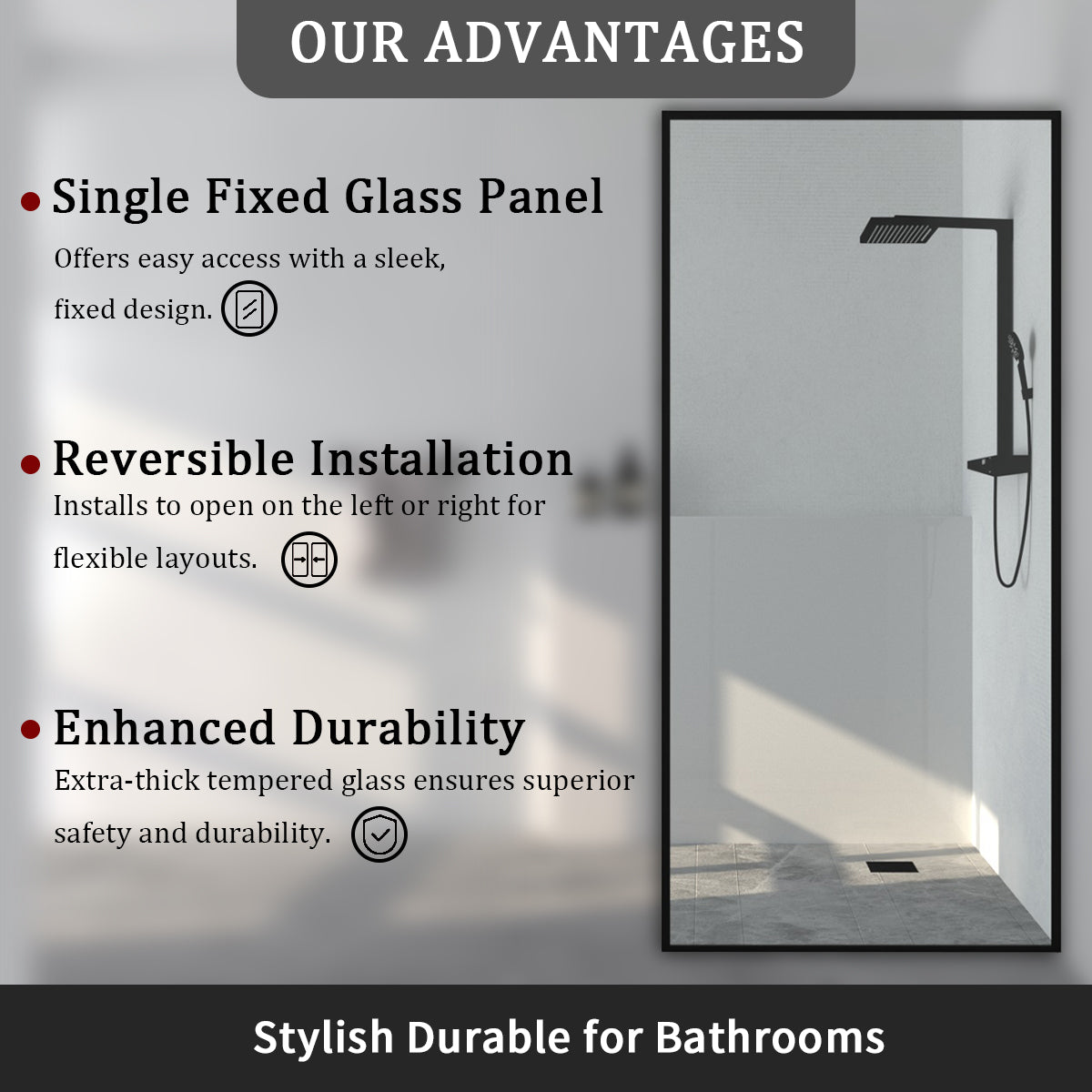 Tydex 34 in. W x 72 in. H Fixed Framed Shower Door in Matte Black Finish