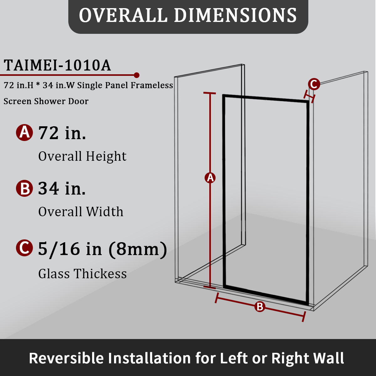 Tydex 34 in. W x 72 in. H Fixed Framed Shower Door in Matte Black Finish