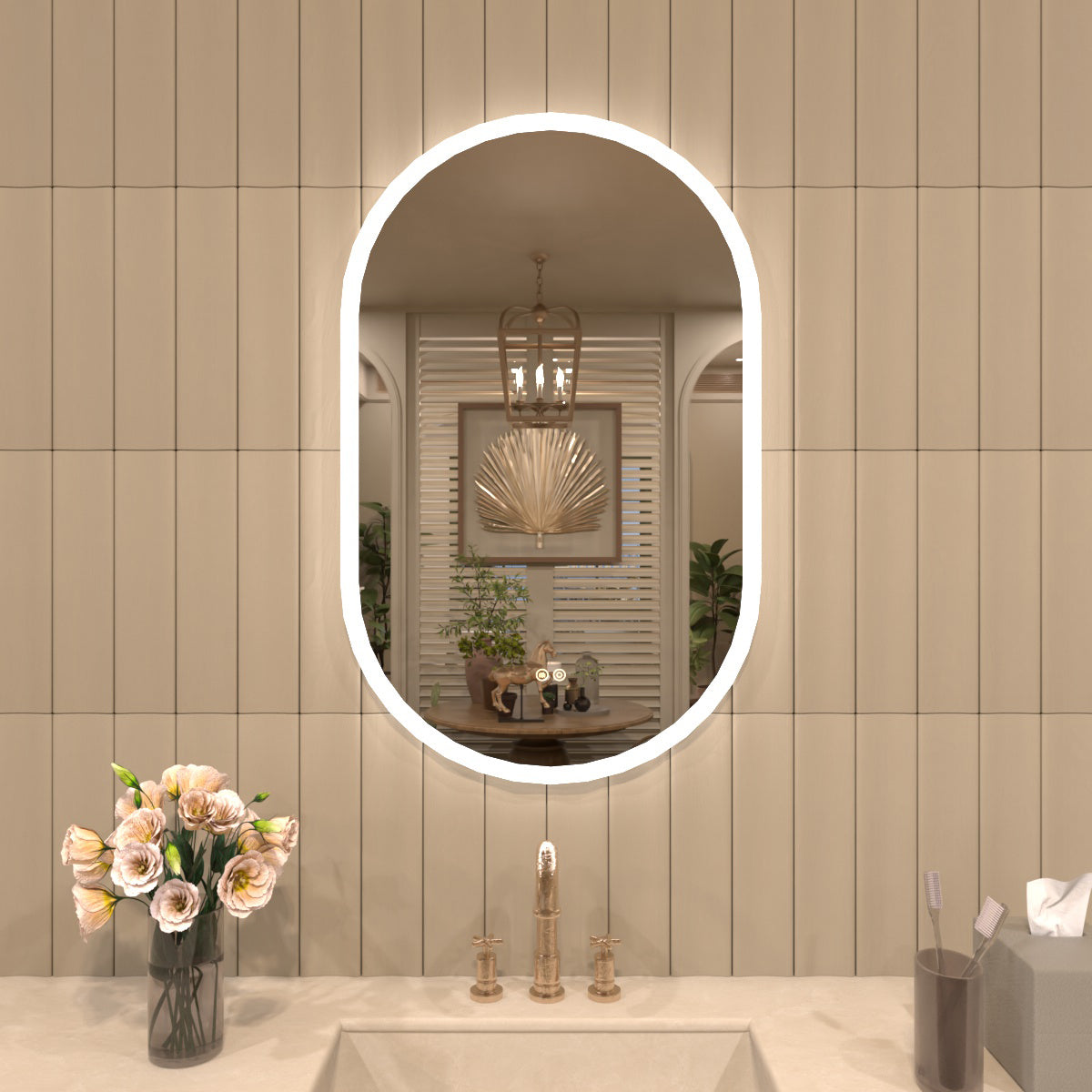 TaiMei Multiple sizes Oval Frameless LED Light Anti-Fog Wall Bathroom Vanity Mirror in Polished Crystal