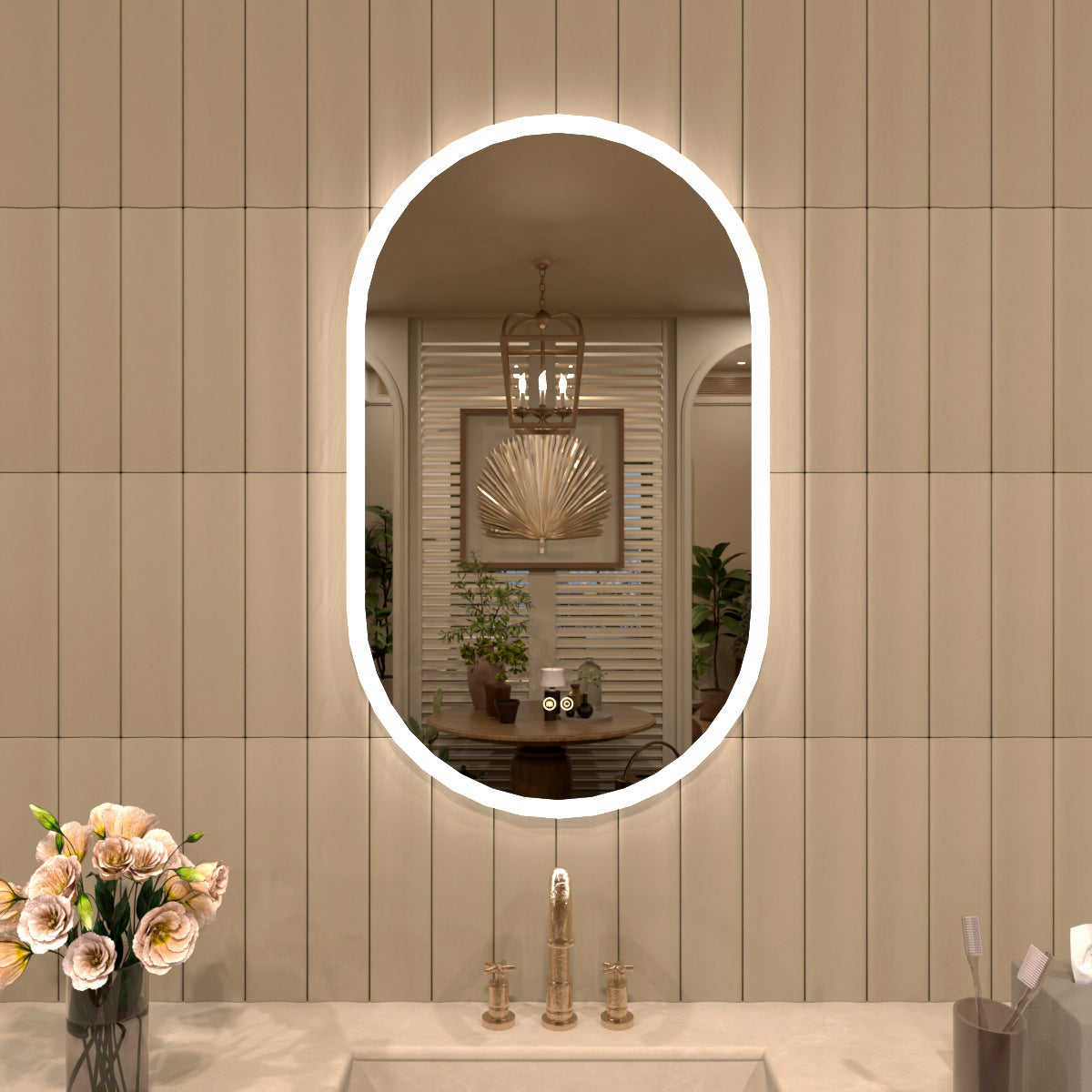 TaiMei Multiple sizes Oval Frameless LED Light Anti-Fog Wall Bathroom Vanity Mirror in Polished Crystal