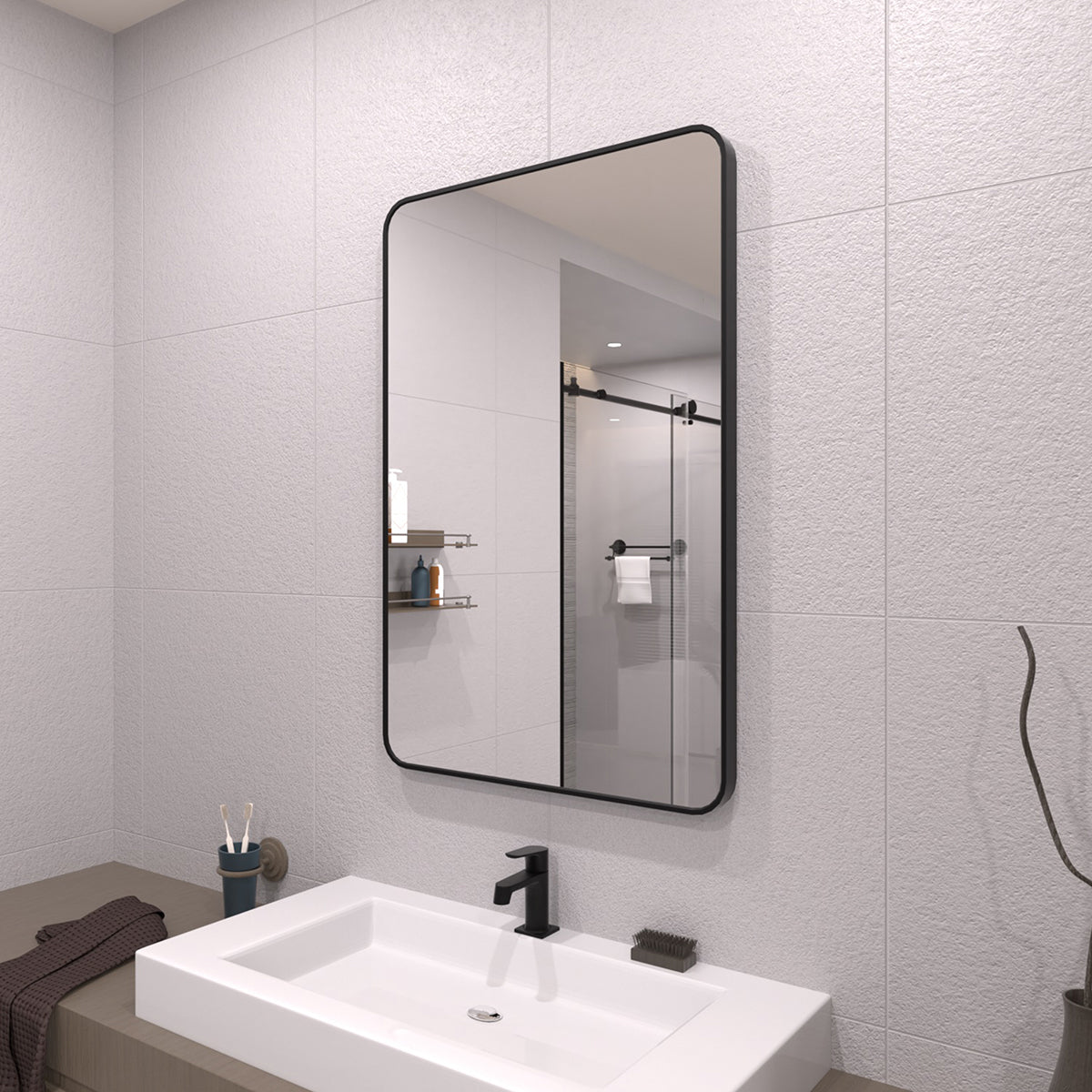 Taimei 32 in. W x 24 in. H Rectangular Framed Wall Bathroom Vanity Mirror in Matte Black