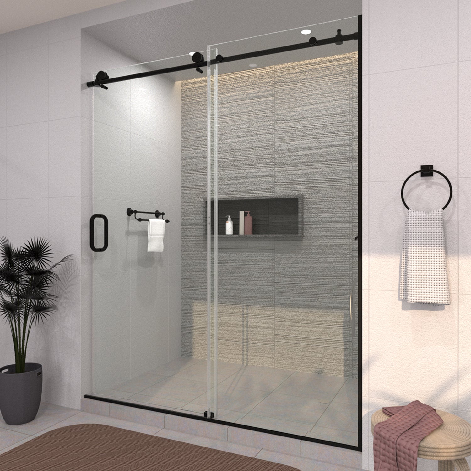 TaiMei 60 in. W x 76 in. H Sliding Semi-Frameless Shower Door with Clear Glass
