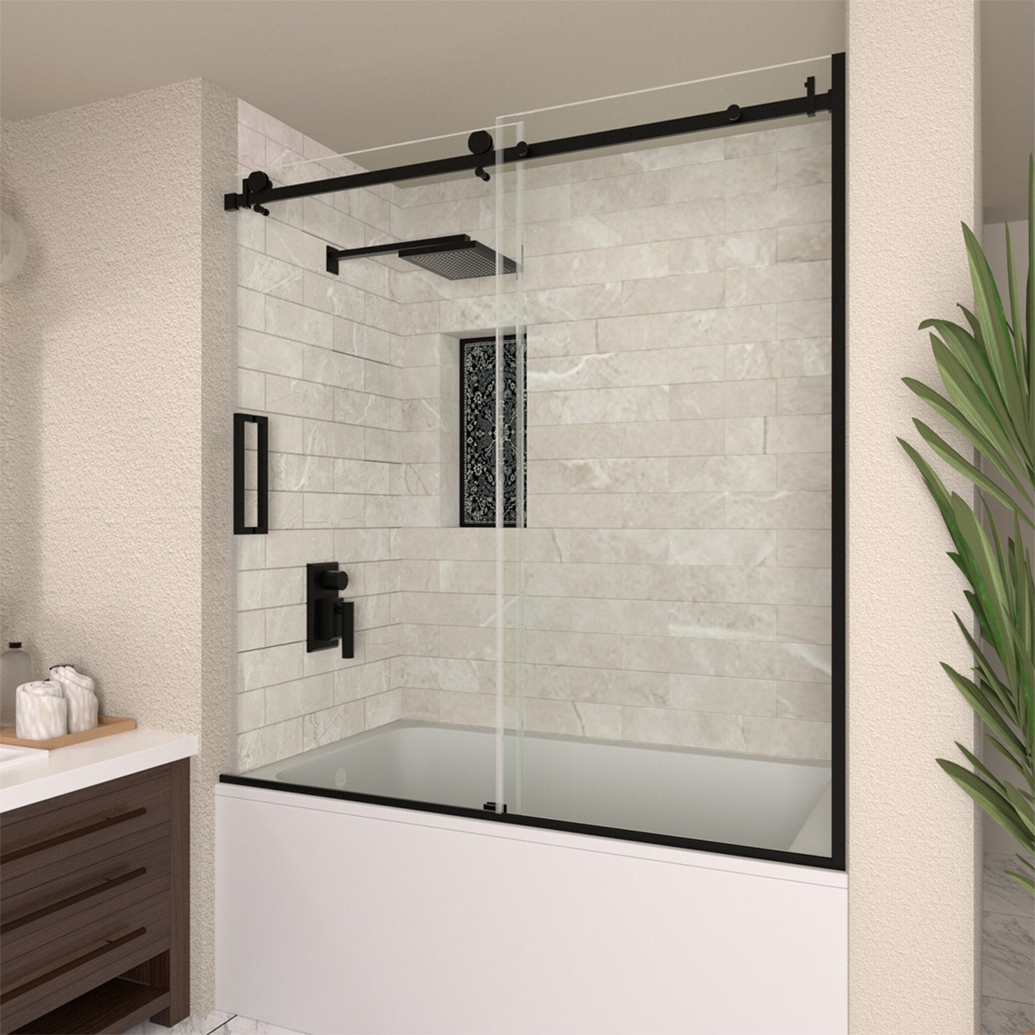 TaiMei 60 in. W x 60 in. H Sliding Semi Frameless Tub Door with Clear Glass and Handles