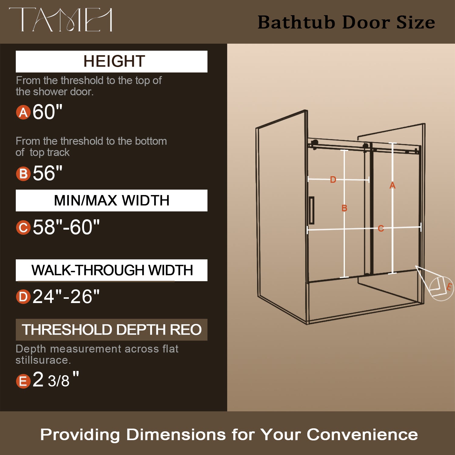 TaiMei 60 in. W x 60 in. H Sliding Semi Frameless Tub Door with Clear Glass and Handles