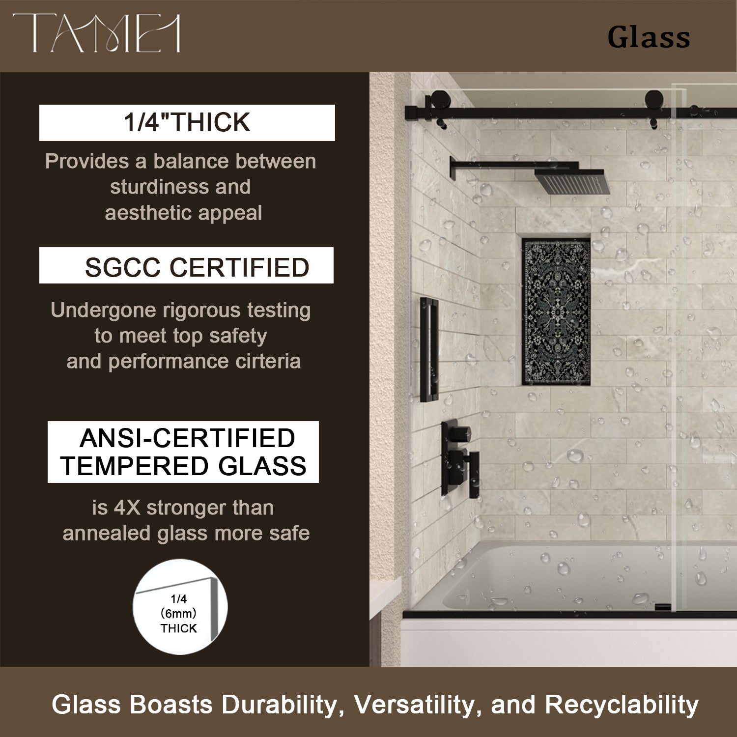 TaiMei 60 in. W x 60 in. H Sliding Semi Frameless Tub Door with Clear Glass and Handles