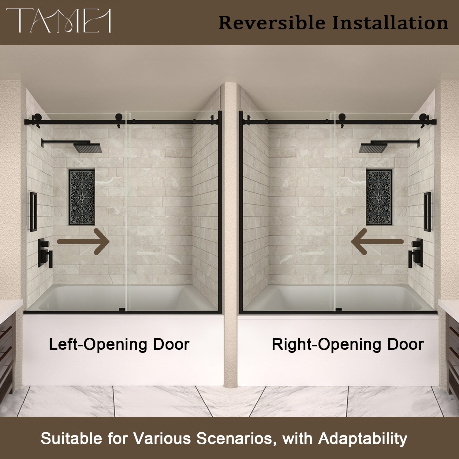 TaiMei 60 in. W x 60 in. H Sliding Semi Frameless Tub Door with Clear Glass and Handles