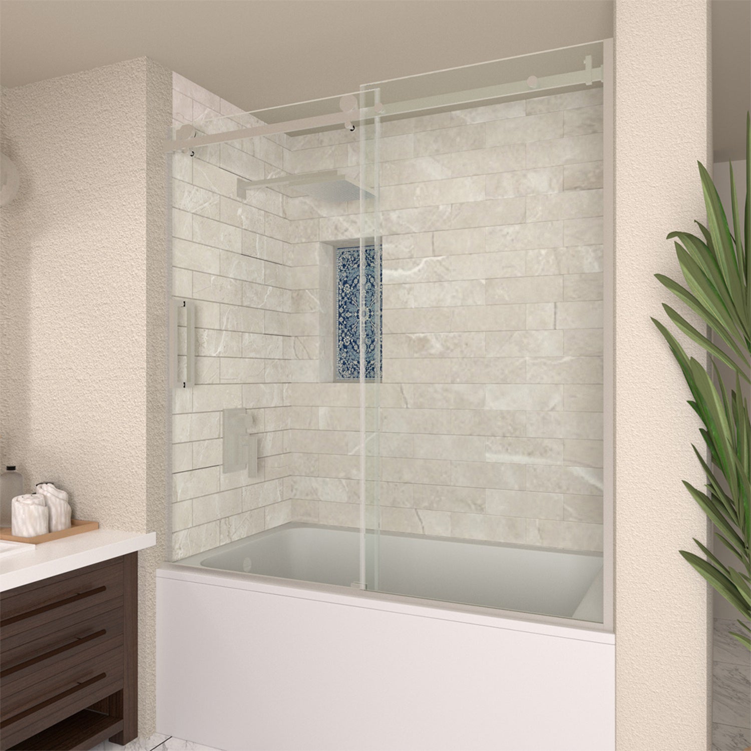 TaiMei 60 in. W x 60 in. H Sliding Semi Frameless Tub Door with Clear Glass and Handles