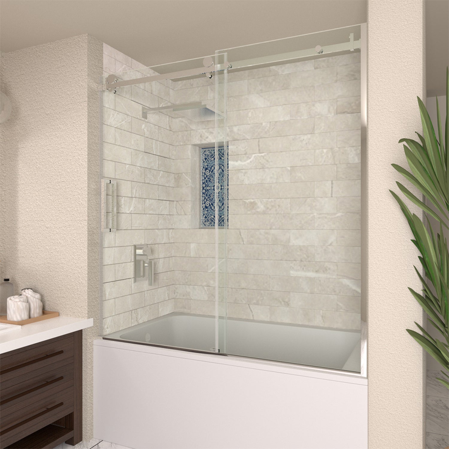 TaiMei 60 in. W x 60 in. H Sliding Semi Frameless Tub Door with Clear Glass and Handles