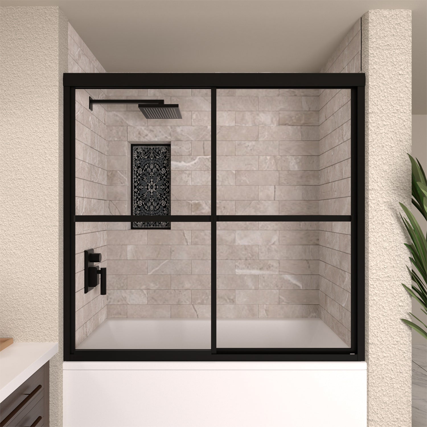 TaiMei 59 in. W x 56 in. H Sliding Framed Tub/Shower Door with Clear Glass  and Handles, image size:1500x1500
