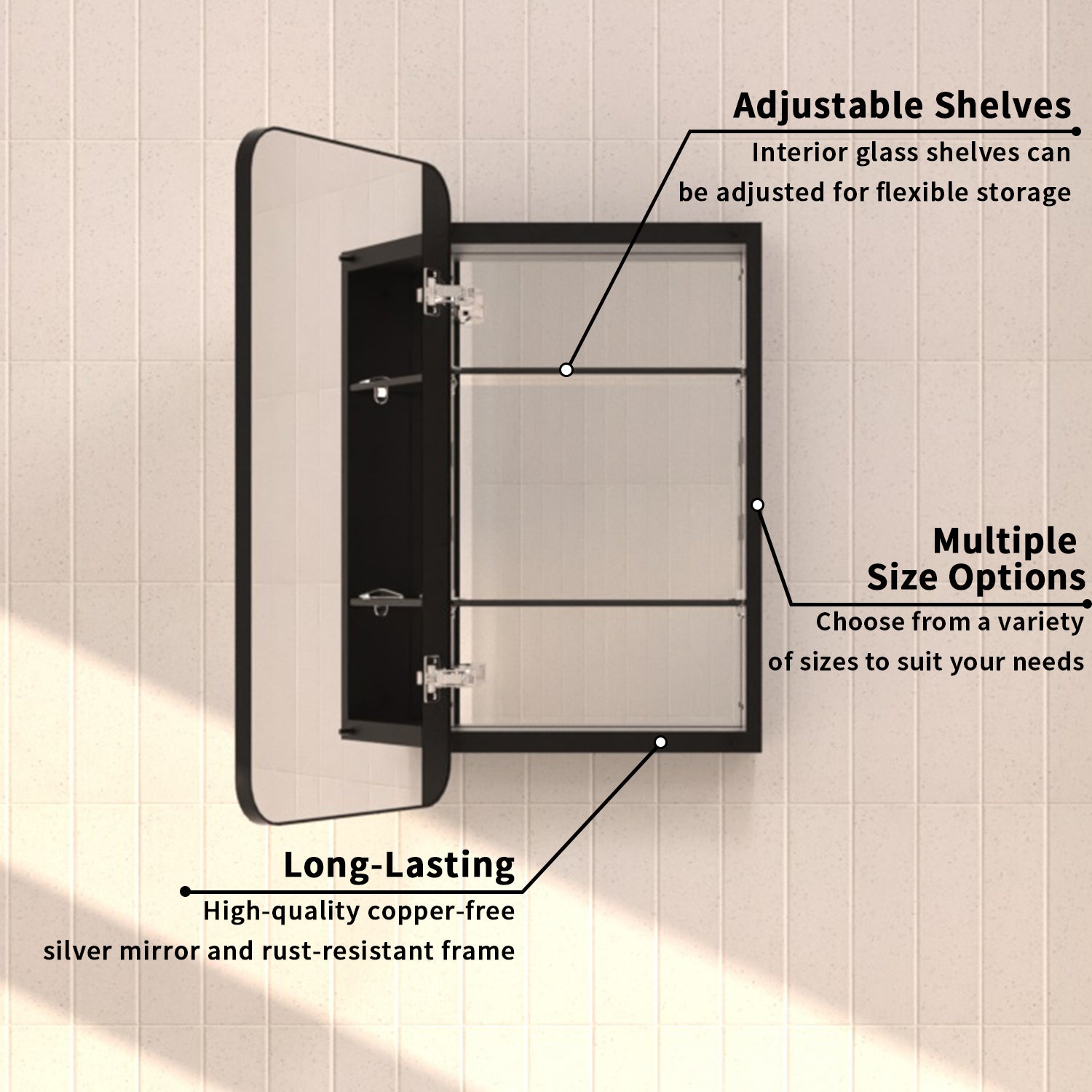 TaiMei multiple sizes Framed Recessed or Surface-Mount Rectangular Aluminum Medicine Cabinet with Mirror