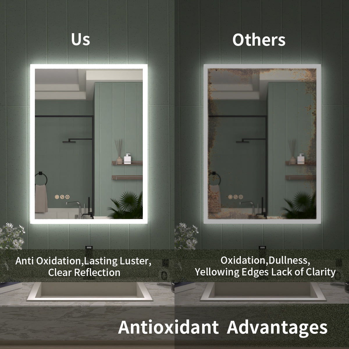 Tydex Rectangular Frameless LED Wall Bathroom Vanity Mirror with Polished Crystal Finish