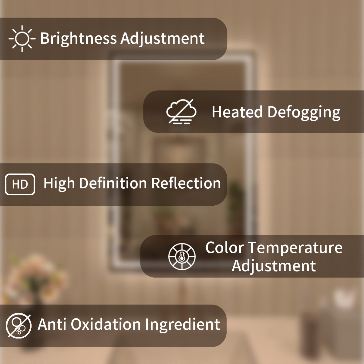 TaiMei Multiple Sizes Rectangular Frameless LED Anti-Fog Wall Bathroom Vanity Mirror