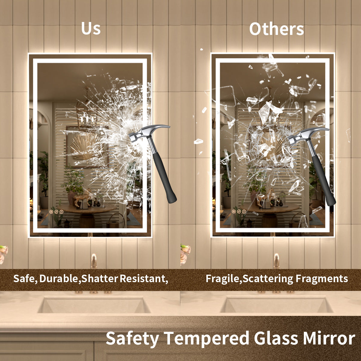 TaiMei Multiple Sizes Rectangular Frameless LED Anti-Fog Wall Bathroom Vanity Mirror