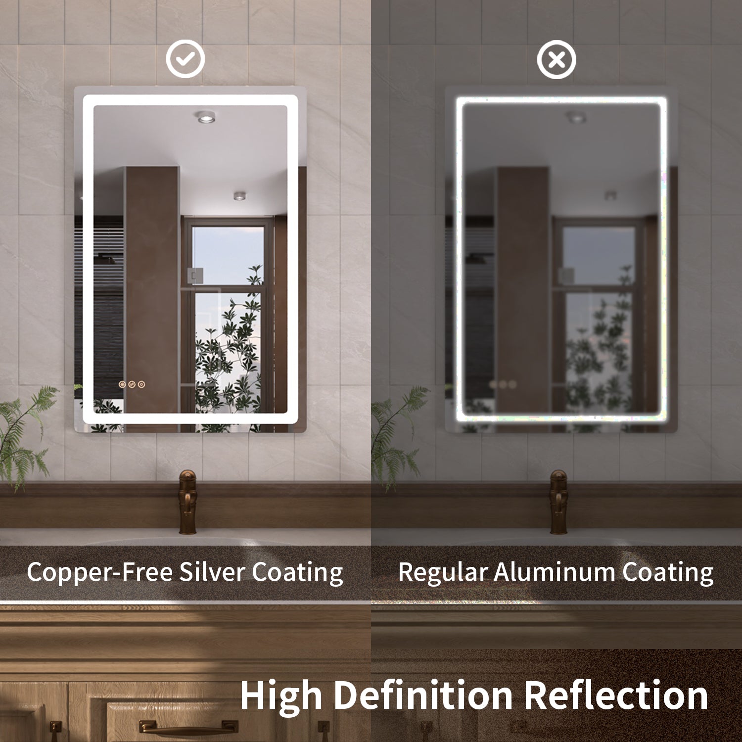 Tydex Round Corner Rectangular Frameless Wall Mount LED Bathroom Vanity Mirror in Polished Crystal