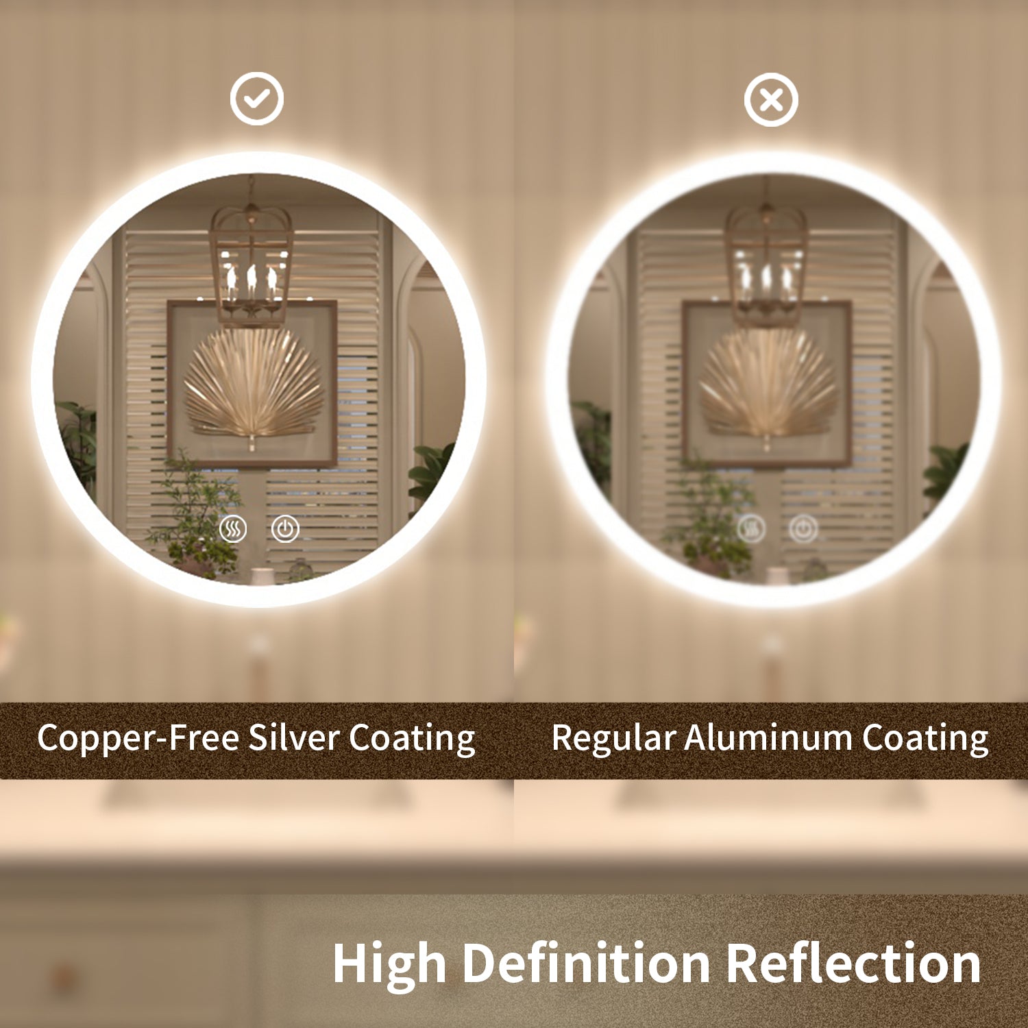 TaiMei Multiple Sizes Round Frameless LED Light Anti-Fog Wall Bathroom Vanity Mirror in Polished Crystal