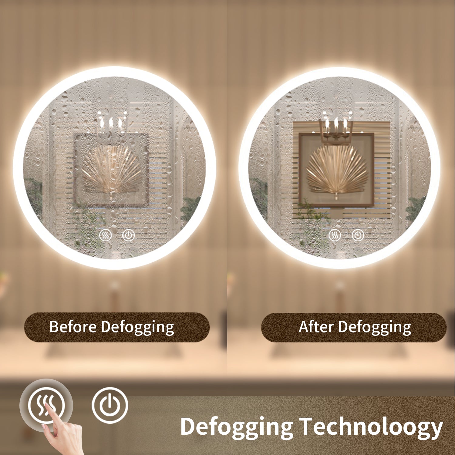 Tydex Round Frameless LED Light Anti-Fog Wall Bathroom Vanity Mirror in Polished Crystal