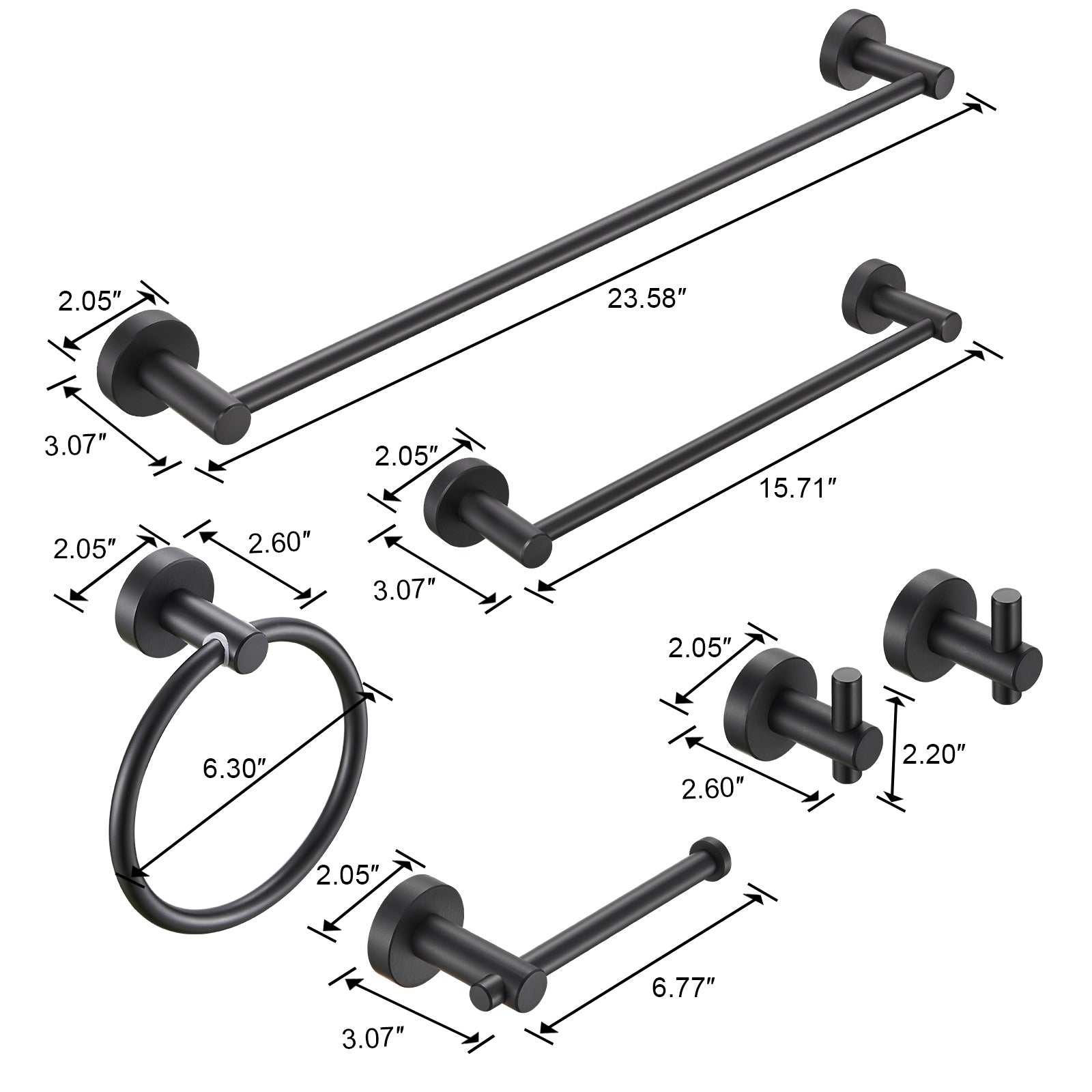 6 -Piece Bath Hardware Set with 2 Towel Bars/Racks, Toilet Paper Holder, 2 Towel/Robe Hooks, Towel Ring