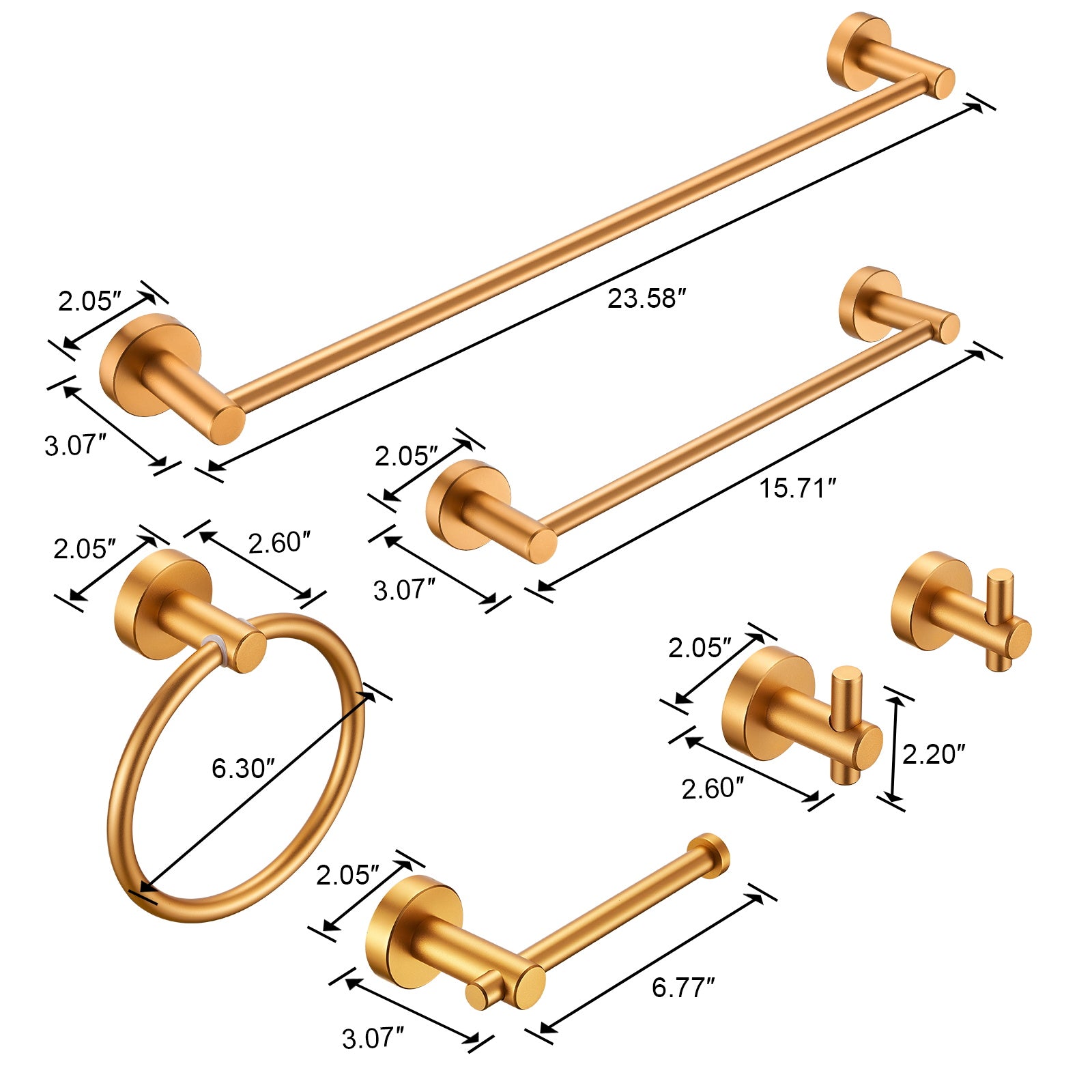 6 -Piece Bath Hardware Set with 2 Towel Bars/Racks, Toilet Paper Holder, 2 Towel/Robe Hooks, Towel Ring
