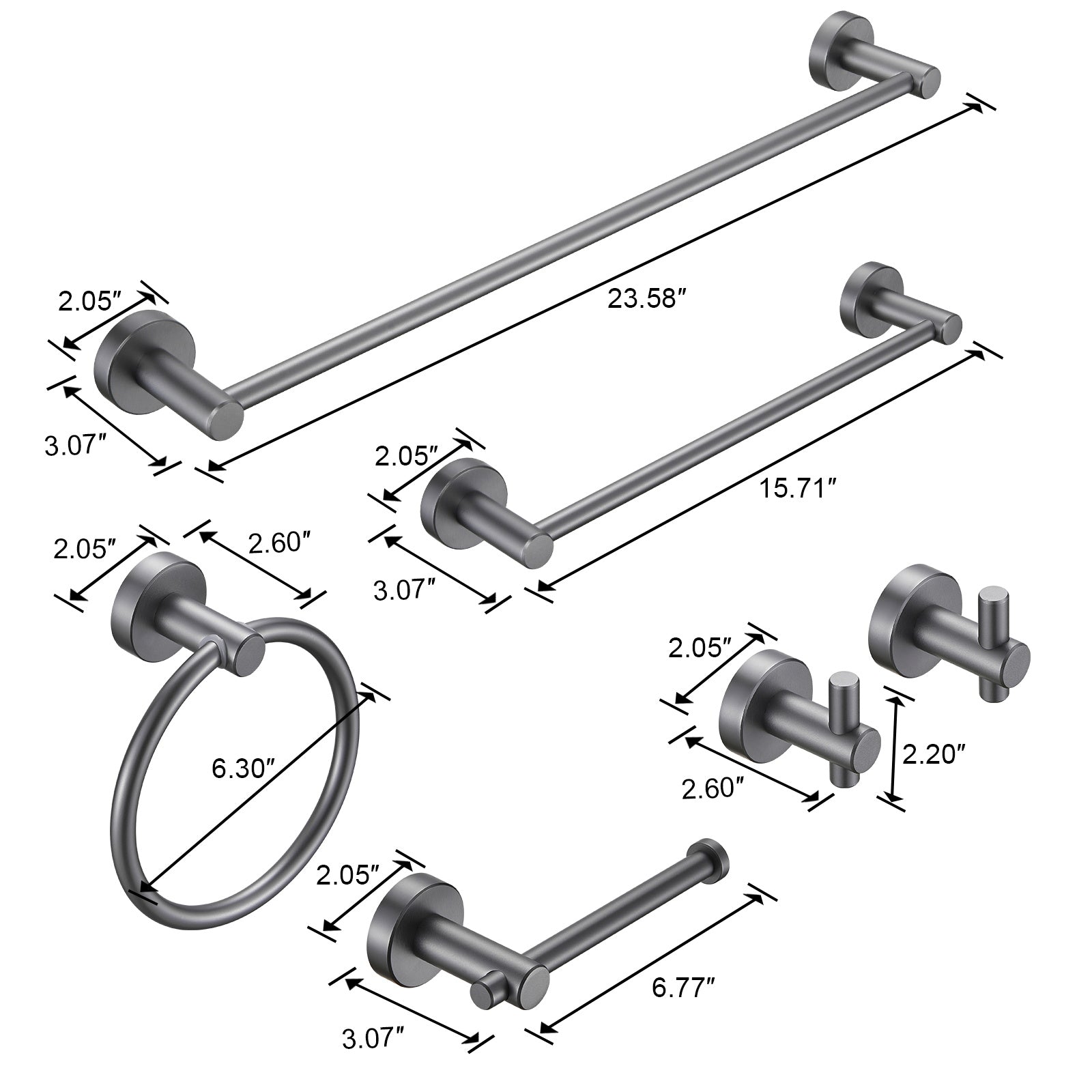 6 -Piece Bath Hardware Set with 2 Towel Bars/Racks, Toilet Paper Holder, 2 Towel/Robe Hooks, Towel Ring