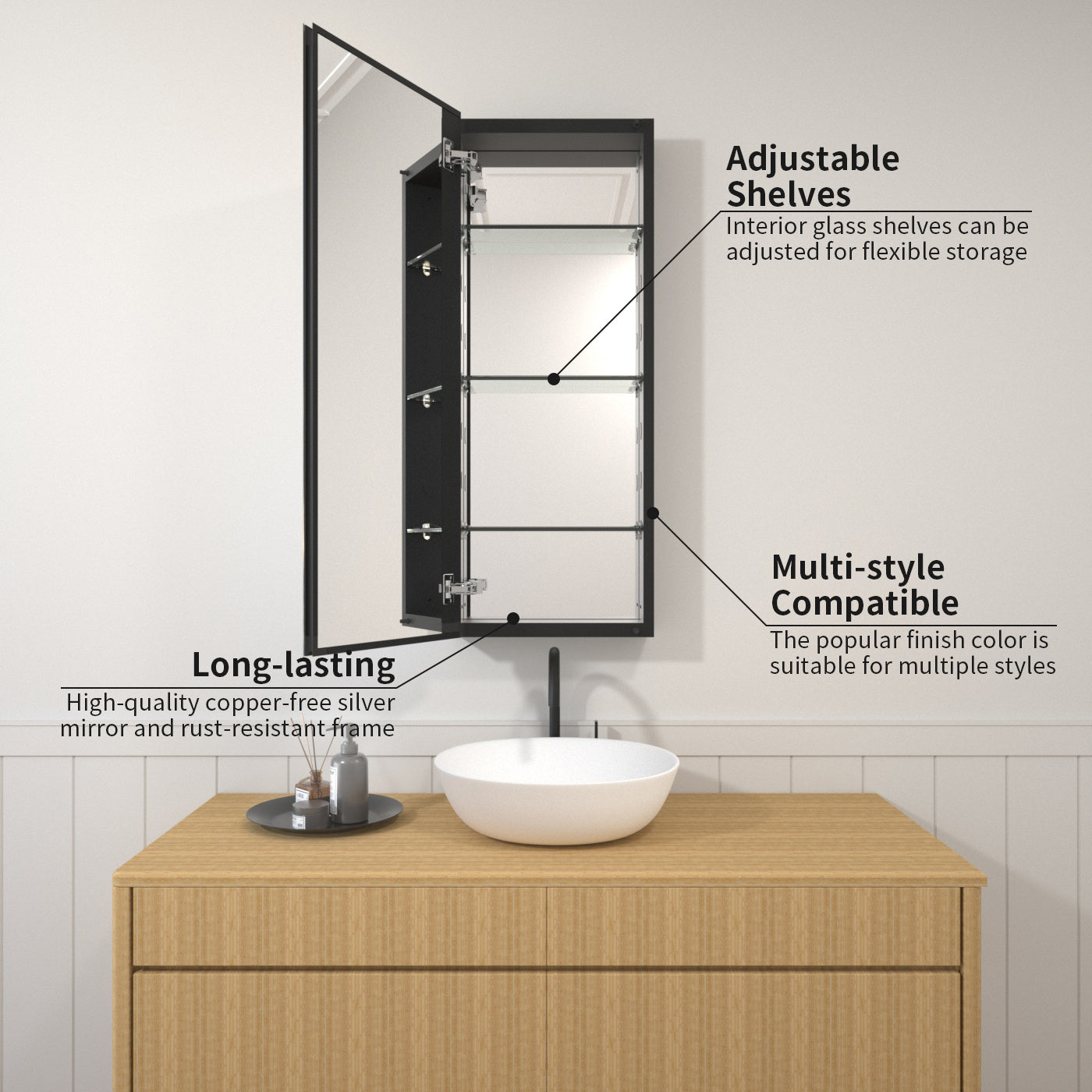 TaiMei 15 in. x 36 in. Frameless Recessed or Surface-Mount Beveled Single Mirror Bathroom Medicine Cabinet