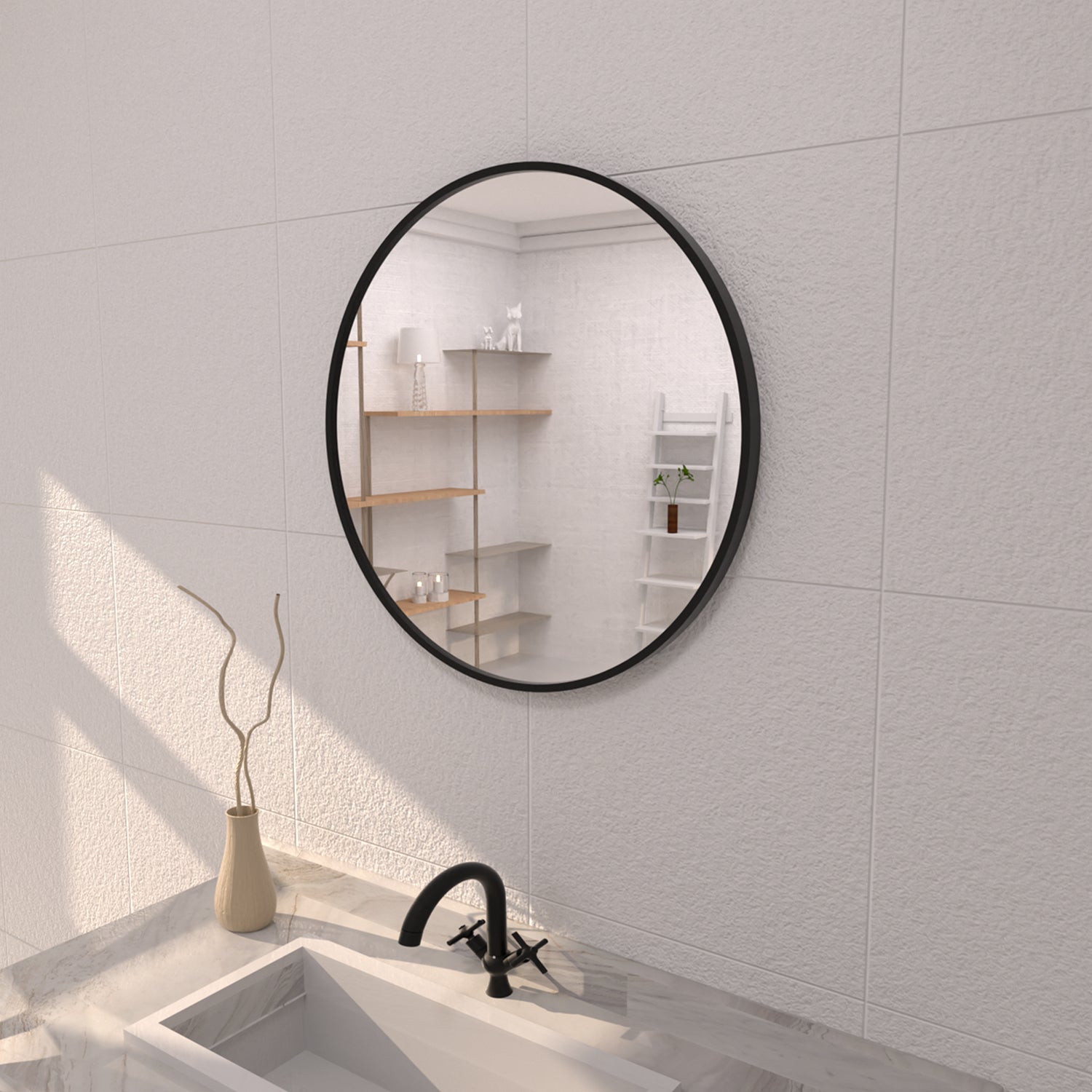 Tydex Round Framed Wall Bathroom Vanity Mirror in Matte Black