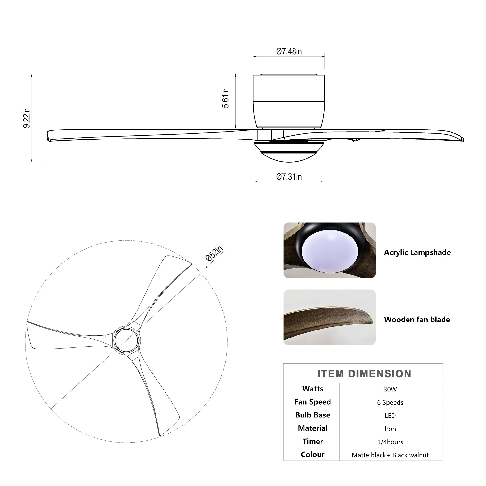 52 in. Indoor Downrod Mount Crystal Chandelier Ceiling Fan with Remote Control