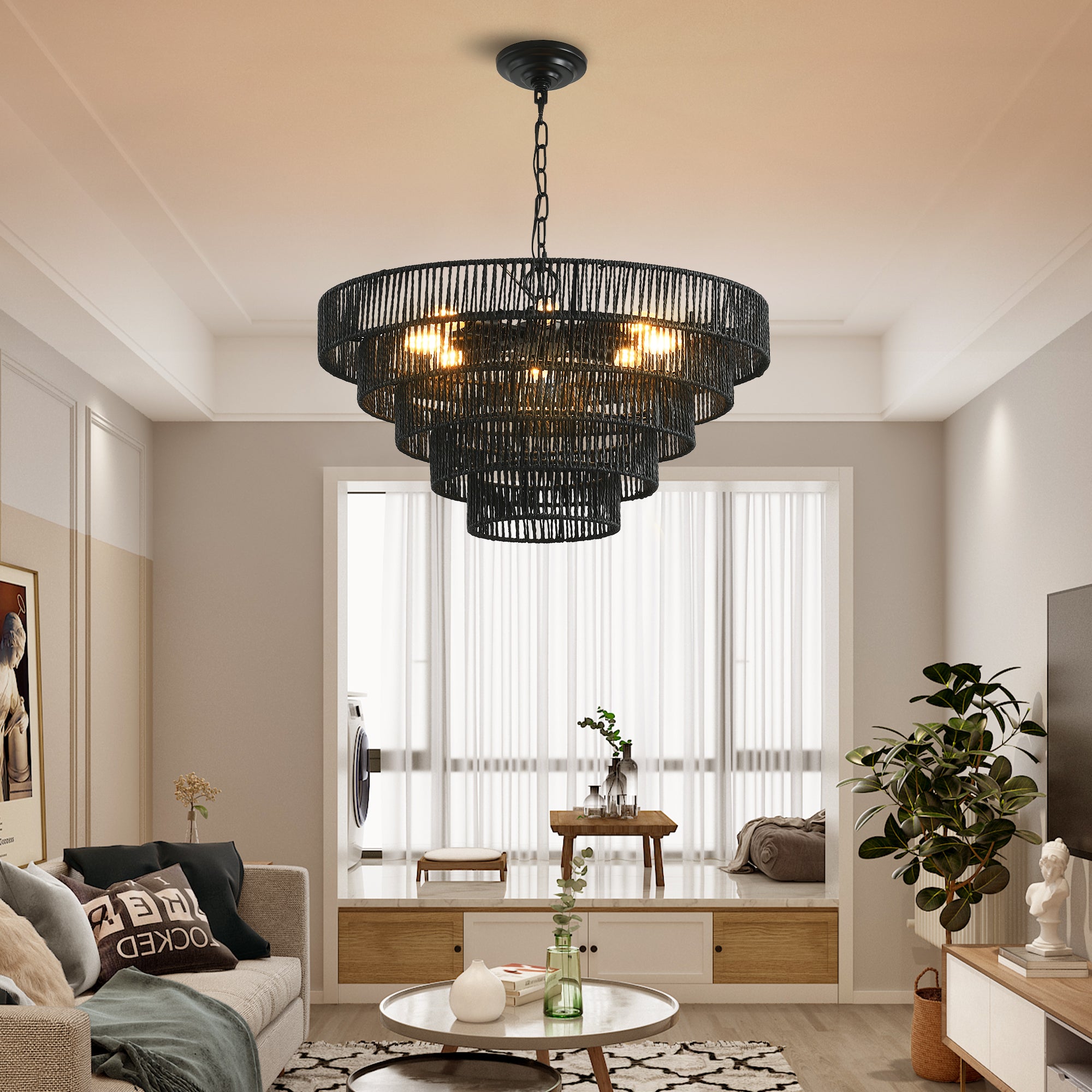 Vitra 24 in. 8-Light E12 Hemp Rope 5-Tier Boho Pendant Chandelier