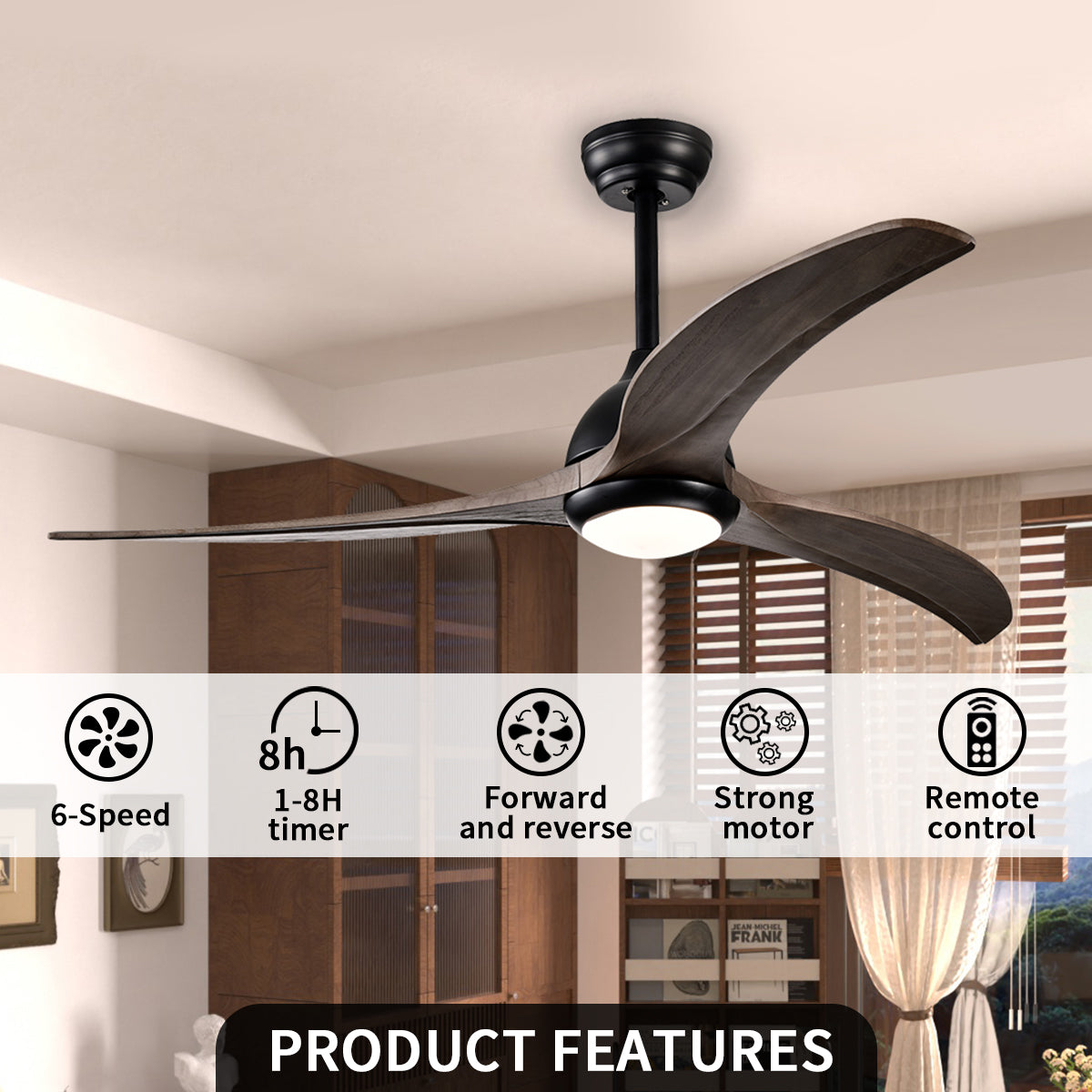 52 in. Integrated LED Indoor Ceiling Fan with Light and Remote 6-Speed DC Motor with 3 Wooden Blades