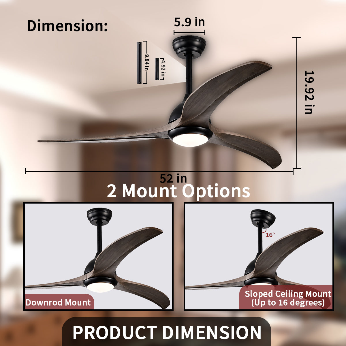 52 in. Integrated LED Indoor Ceiling Fan with Light and Remote 6-Speed DC Motor with 3 Wooden Blades