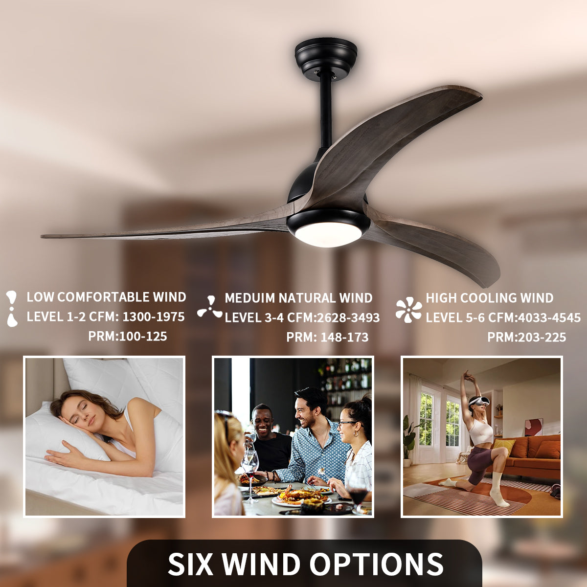 52 in. Integrated LED Indoor Ceiling Fan with Light and Remote 6-Speed DC Motor with 3 Wooden Blades