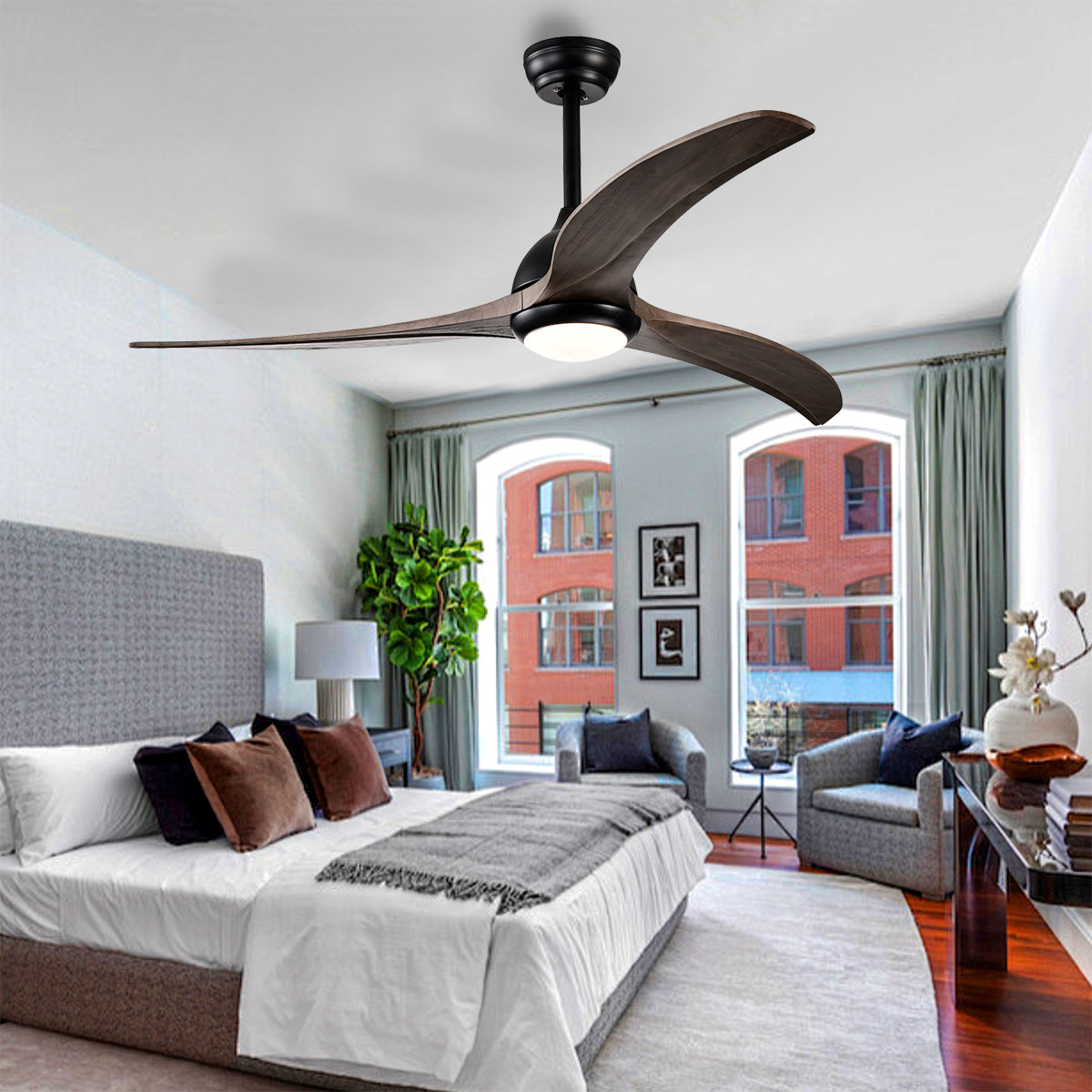 52 in. Integrated LED Indoor Ceiling Fan with Light and Remote 6-Speed DC Motor with 3 Wooden Blades