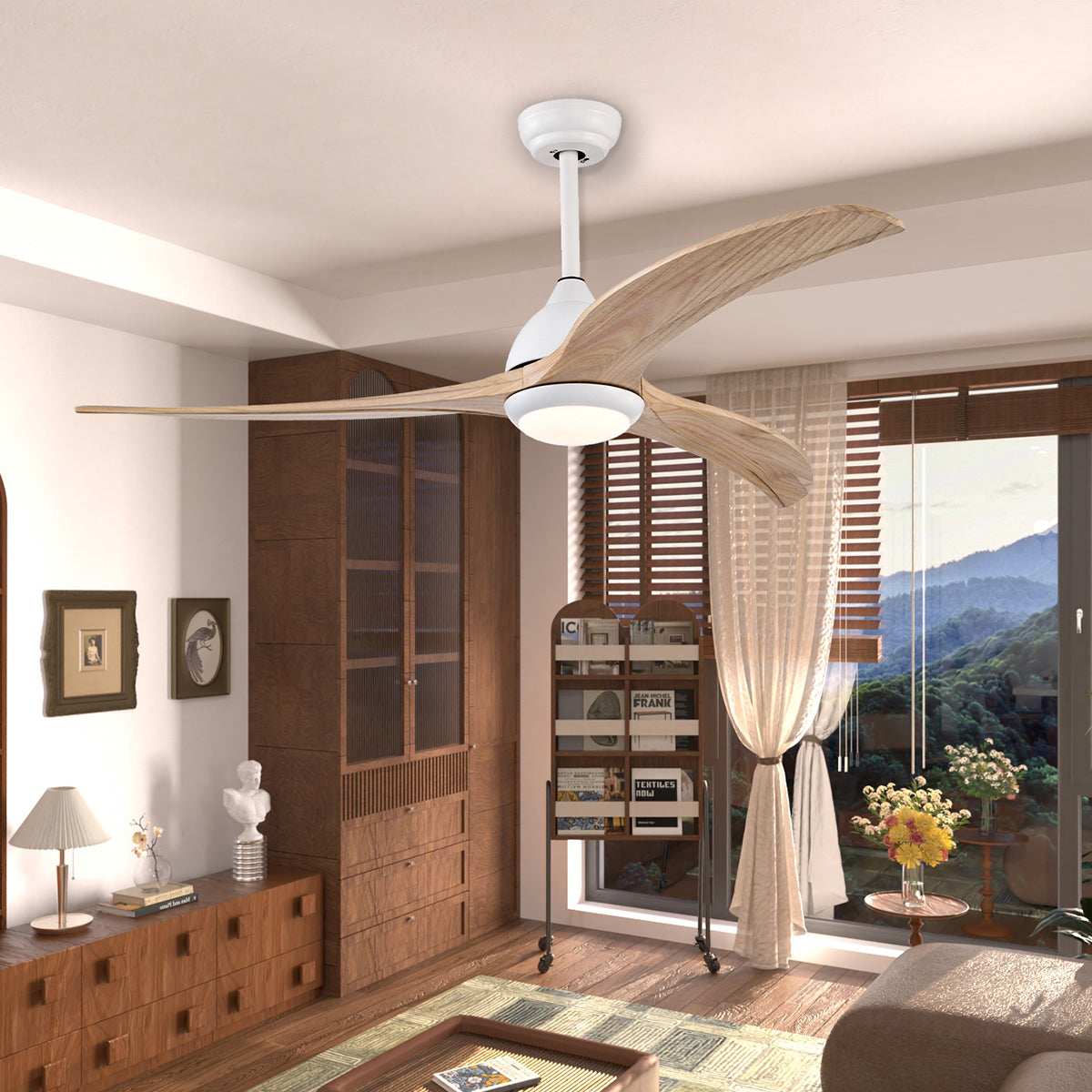 52 in. Integrated LED Indoor Ceiling Fan with Light and Remote 6-Speed DC Motor with 3 Wooden Blades