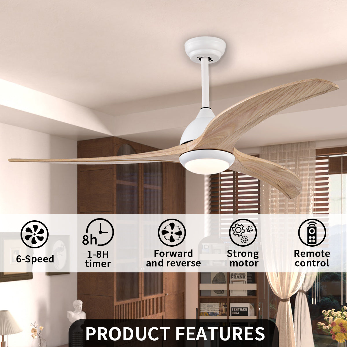 52 in. Integrated LED Indoor Ceiling Fan with Light and Remote 6-Speed DC Motor with 3 Wooden Blades