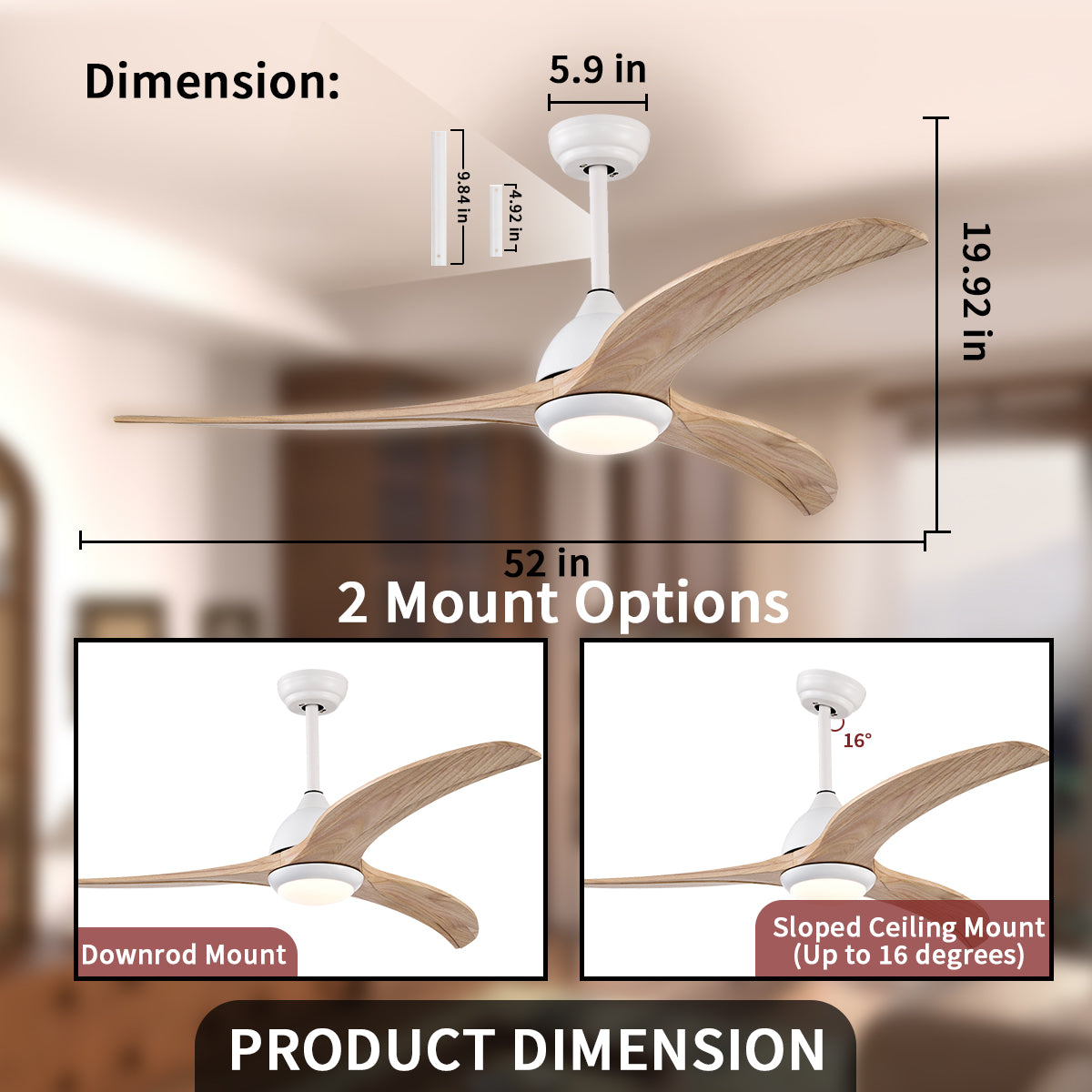 52 in. Integrated LED Indoor Ceiling Fan with Light and Remote 6-Speed DC Motor with 3 Wooden Blades