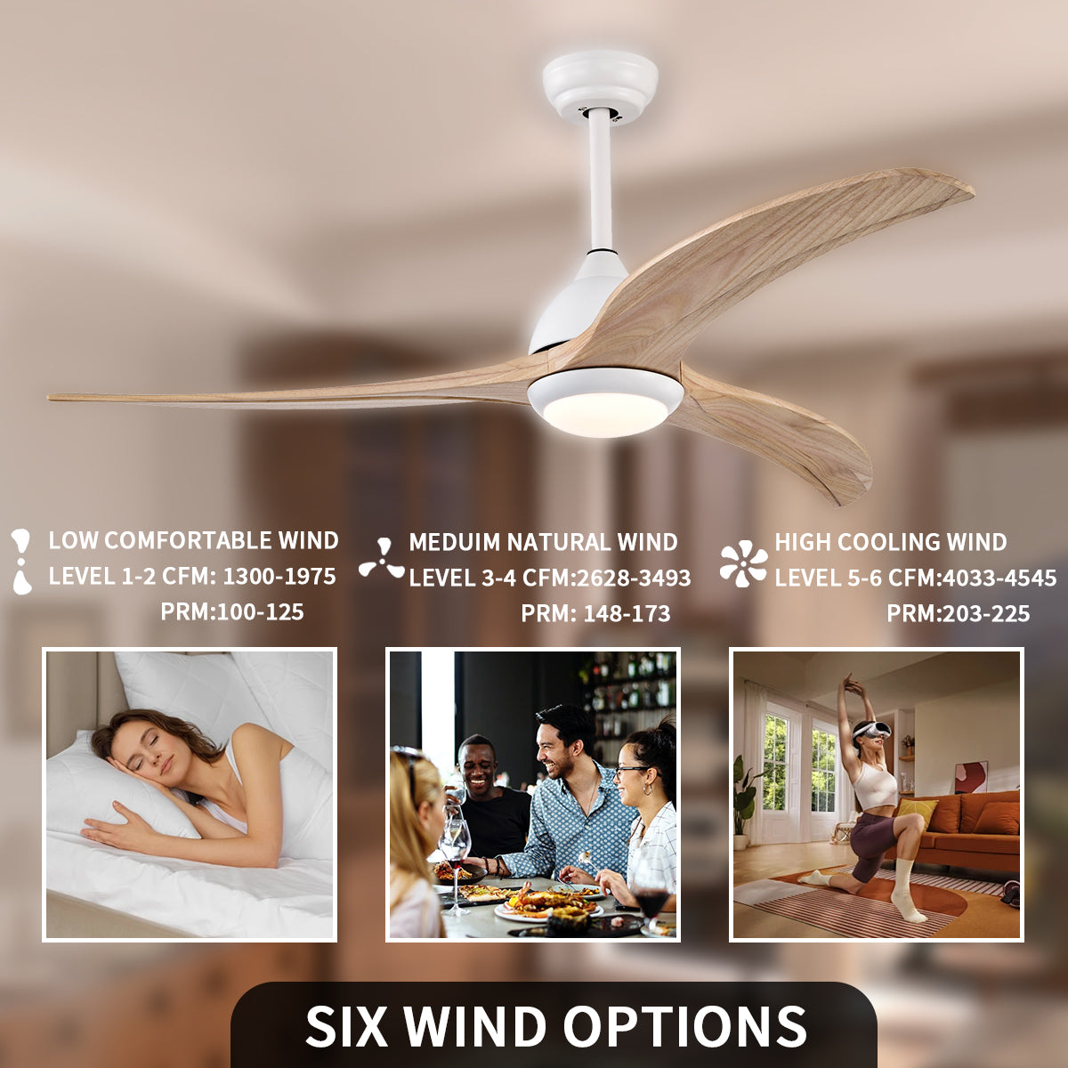 52 in. Integrated LED Indoor Ceiling Fan with Light and Remote 6-Speed DC Motor with 3 Wooden Blades