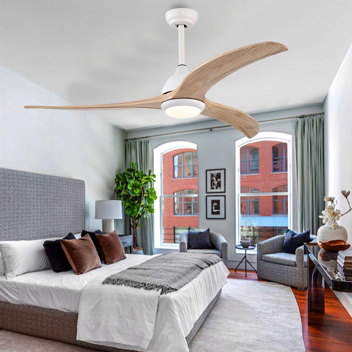 52 in. Integrated LED Indoor Ceiling Fan with Light and Remote 6-Speed DC Motor with 3 Wooden Blades