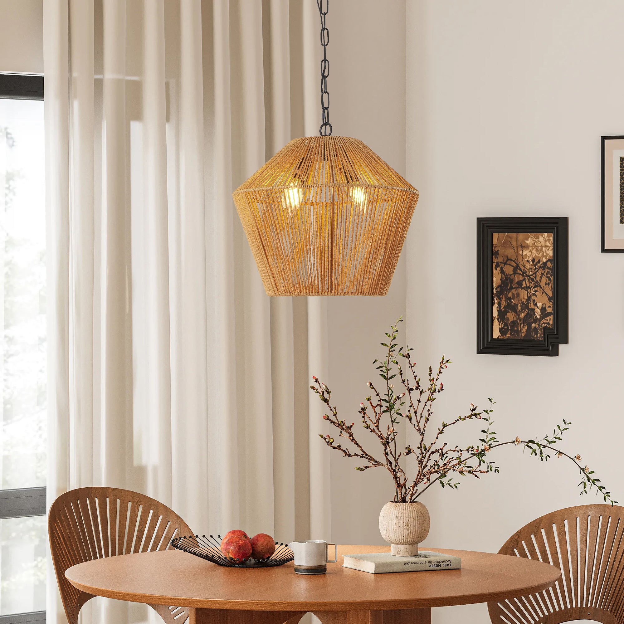 Arteo 17 in. 4-Light E12 Wood Iron Adjustable Chandelier Hemp Rope Pendant Light for Kitchen Island and Living Room