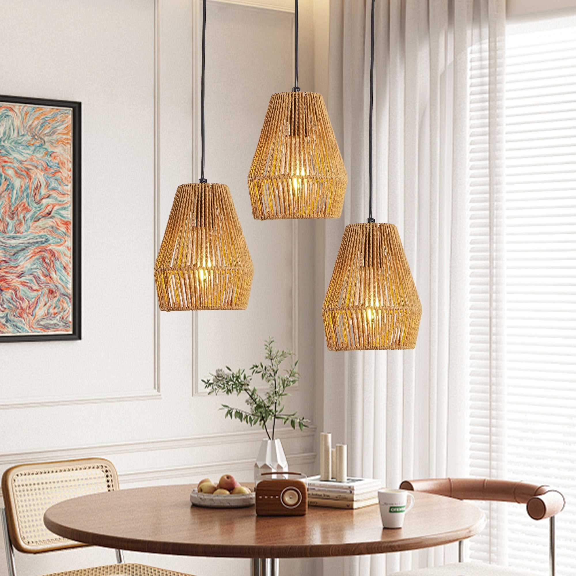 Arteo 7 in. 3-Light E26 Wood Iron Adjustable Chandelier Hemp Rope Pendant Light for Kitchen Island and Living Room