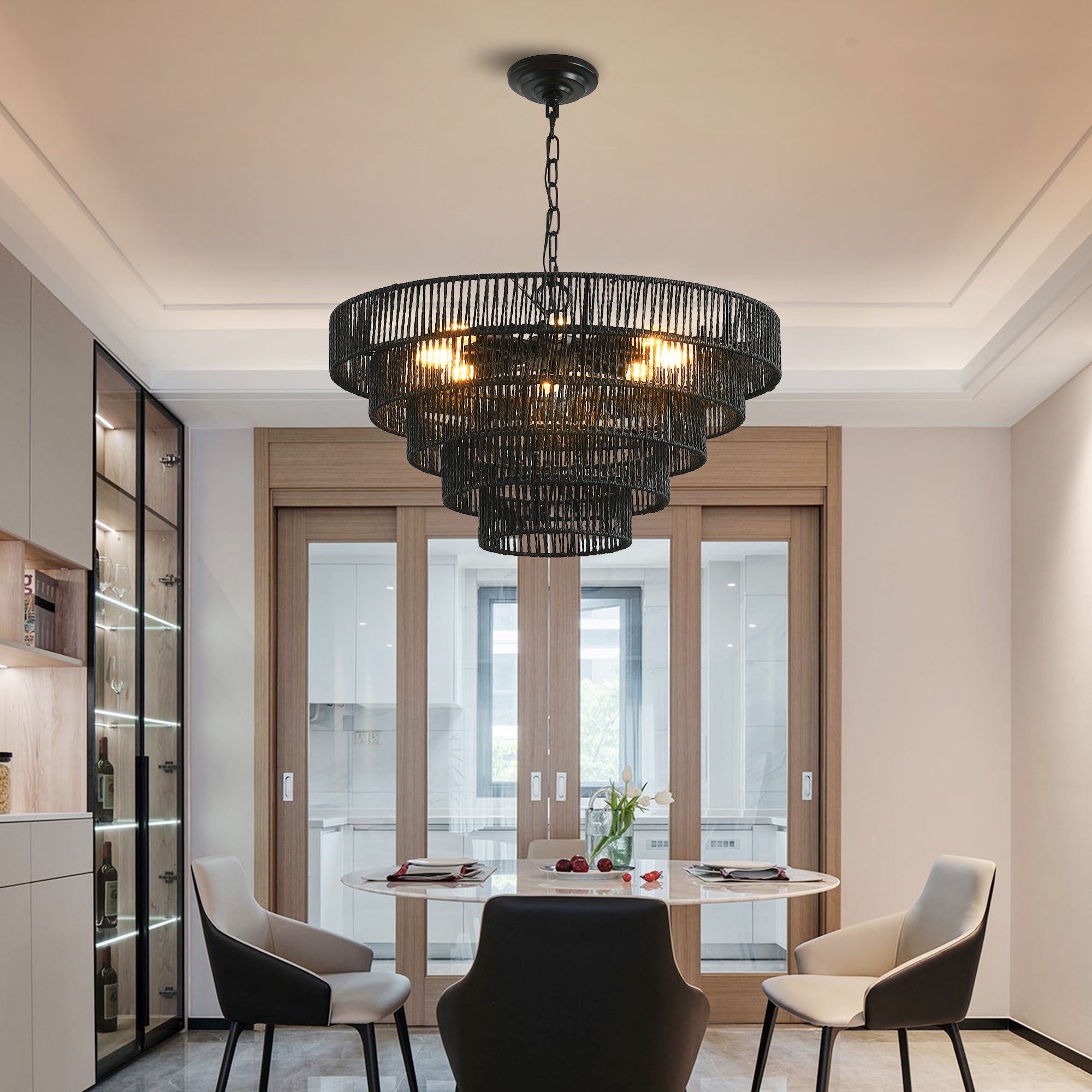Vitra 20 in. 6-Light E12 Hemp Rope 4-Tier Boho Pendant Chandelier