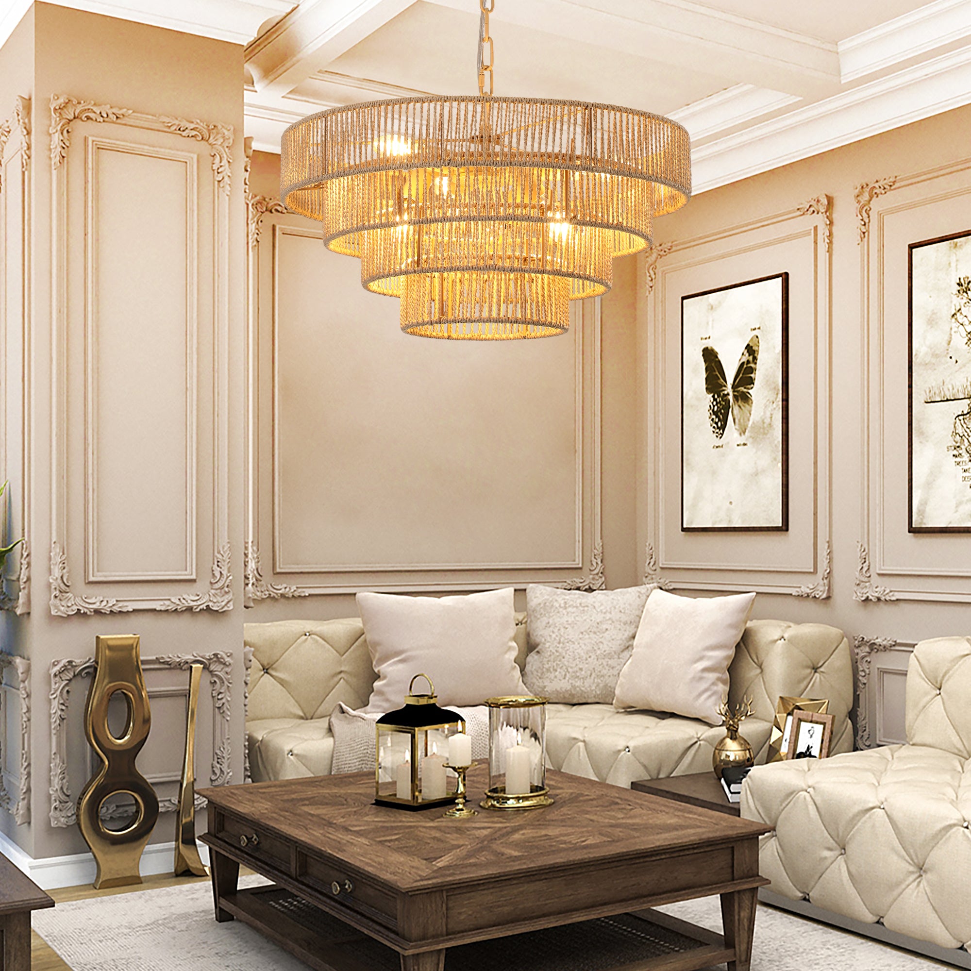 Vitra 20 in. 6-Light E12 Hemp Rope 4-Tier Boho Pendant Chandelier