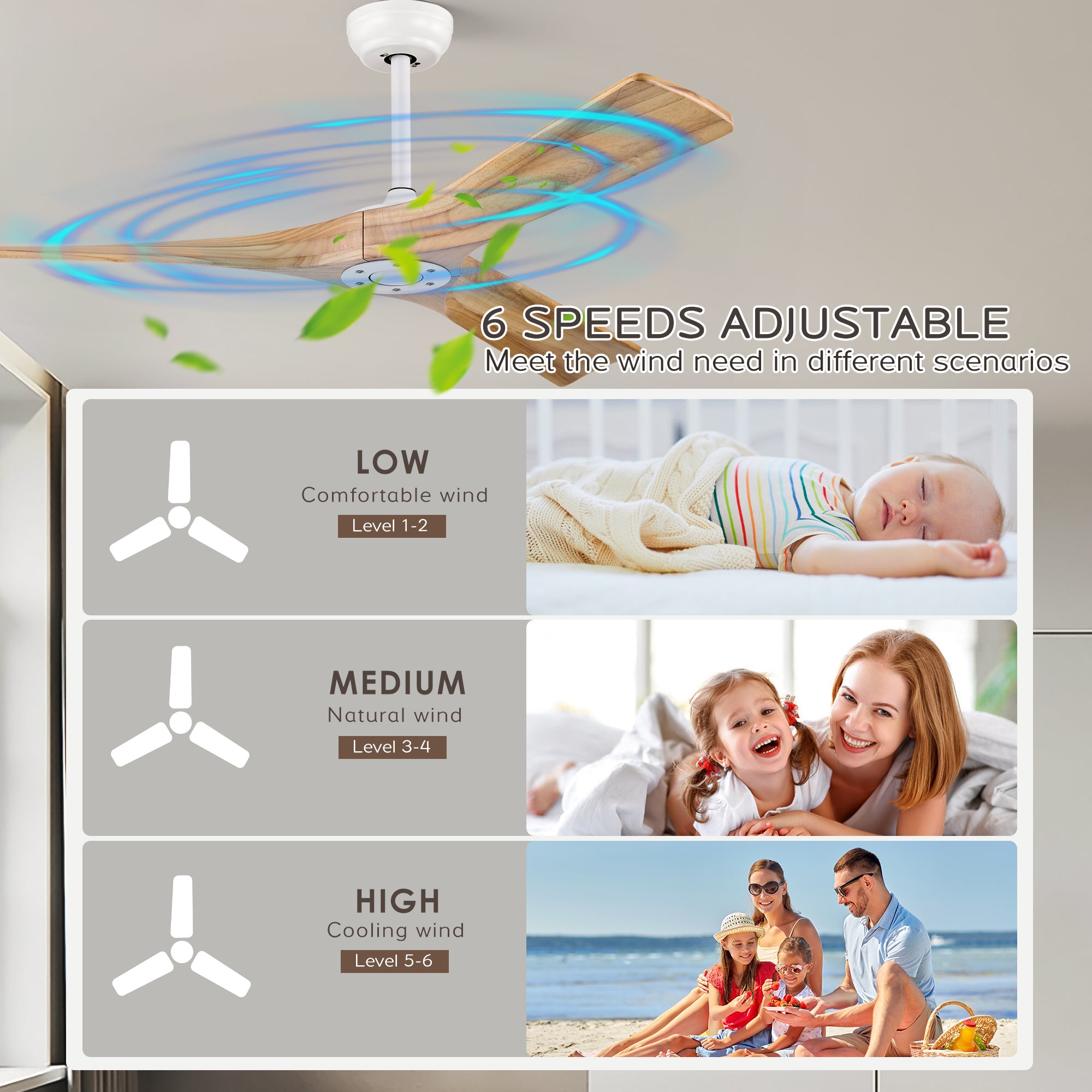 52 in. Modern 3-Blade Indoor Ceiling Fan with Quiet Reversible DC Motor for Bedroom or Living Room