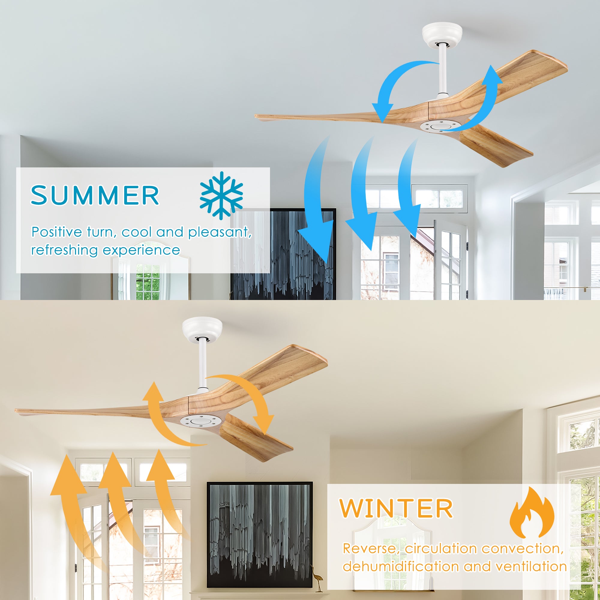52 in. Modern 3-Blade Indoor Ceiling Fan with Quiet Reversible DC Motor for Bedroom or Living Room