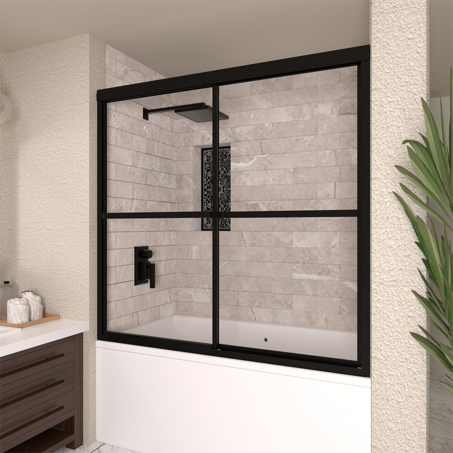 TaiMei 59 in. W x 56 in. H Sliding Framed Tub/Shower Door with Clear Glass and Handles